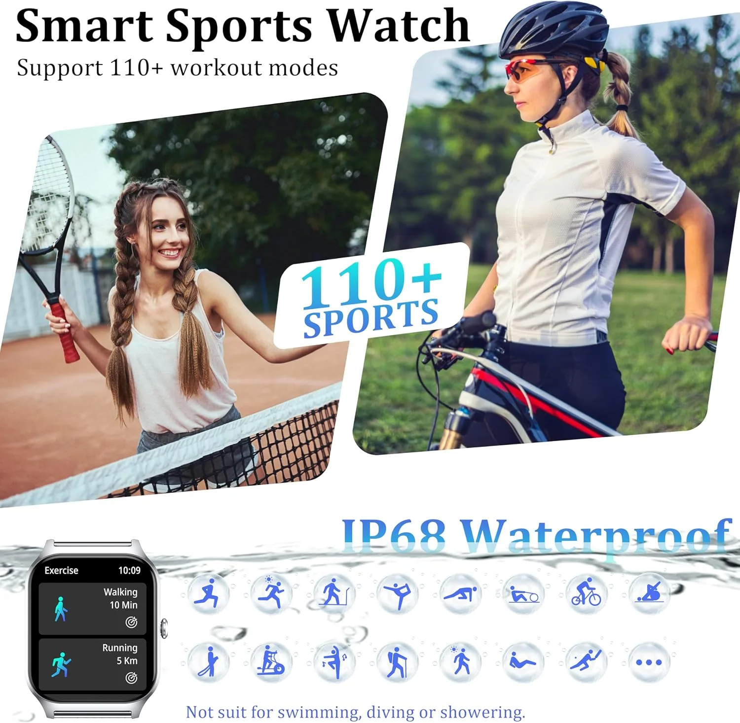 Smart Watch Women Men, 1.85" Reloj Inteligente para mujer hombre, Make/ Answer Call, Health Monitor/Blood Pressure, 110+ Sports Modes, Voice Control, IP68 Waterproof Compatible with Android & iPhone