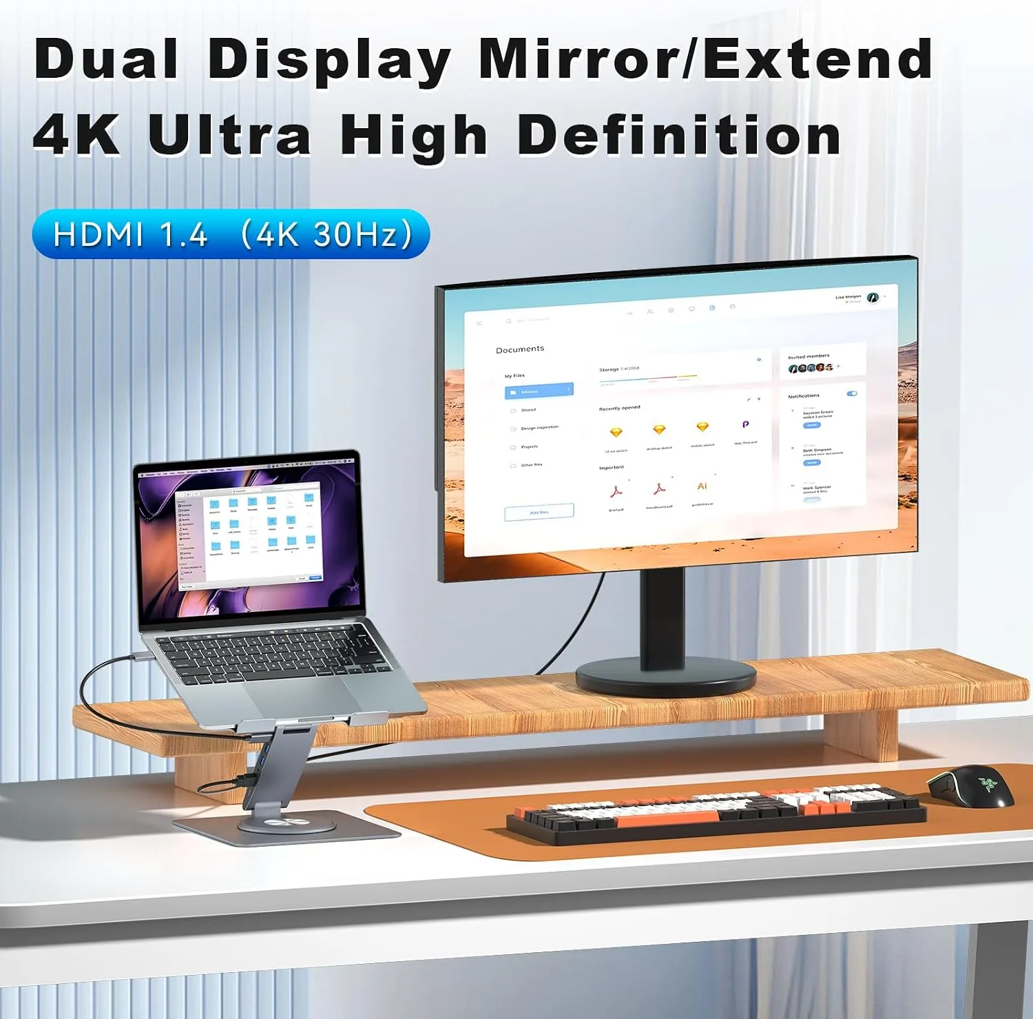 Laptop Docking Station Stand Dual Display 4K HDMI USB3.0 3.5mm Audio Jack 9-IN-1 360° Swivel Laptop Stand for Desk with USB-C Hub Multiport Adapter Universal for MacBook Pro/Air/Dell/HP/Surface/Lenovo
