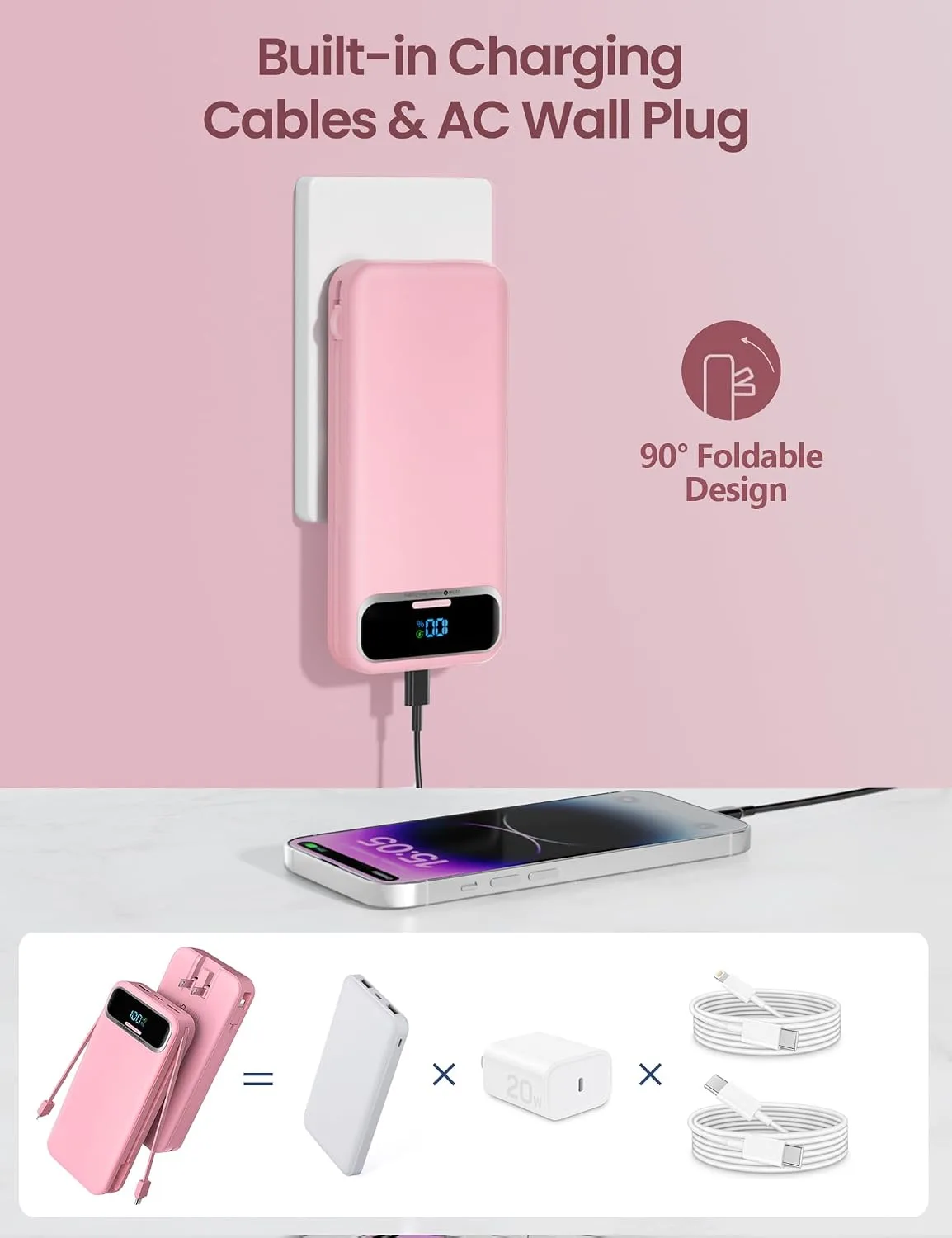 aonidi Portable Charger 12000mAh with Built-in Cables&AC Wall Plug, Pink