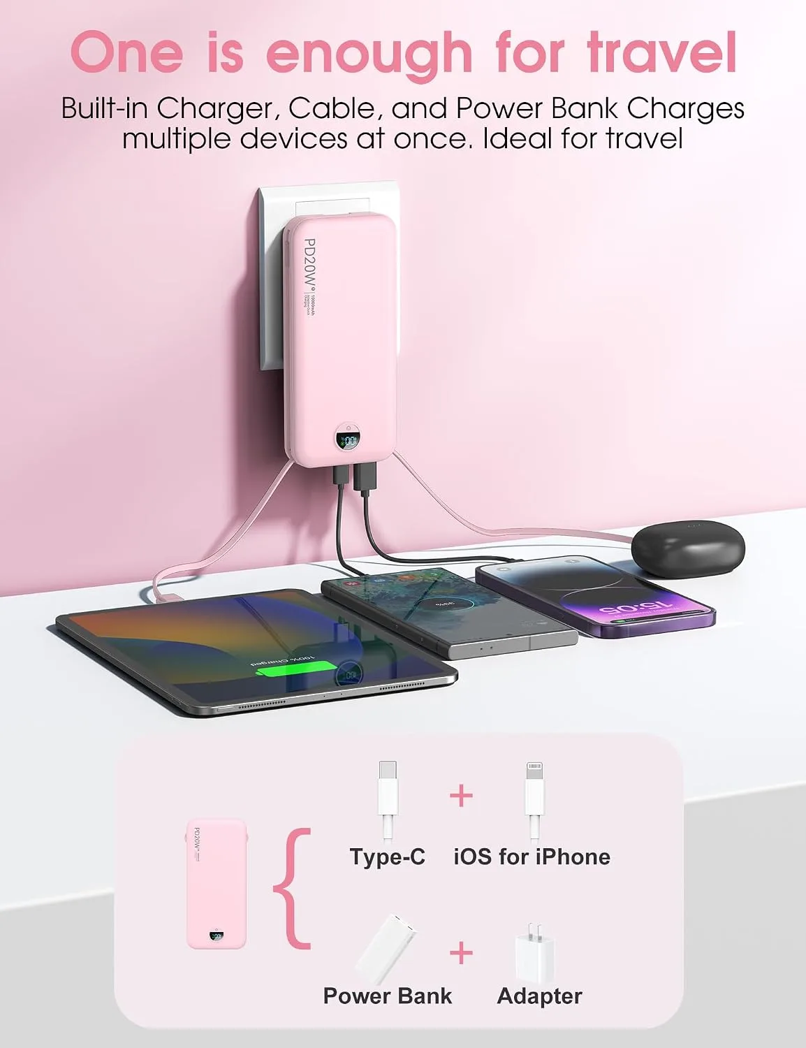 citicr Portable Charger 10000mAh PD20W w/Built-in Cables & Wall Plug Pink