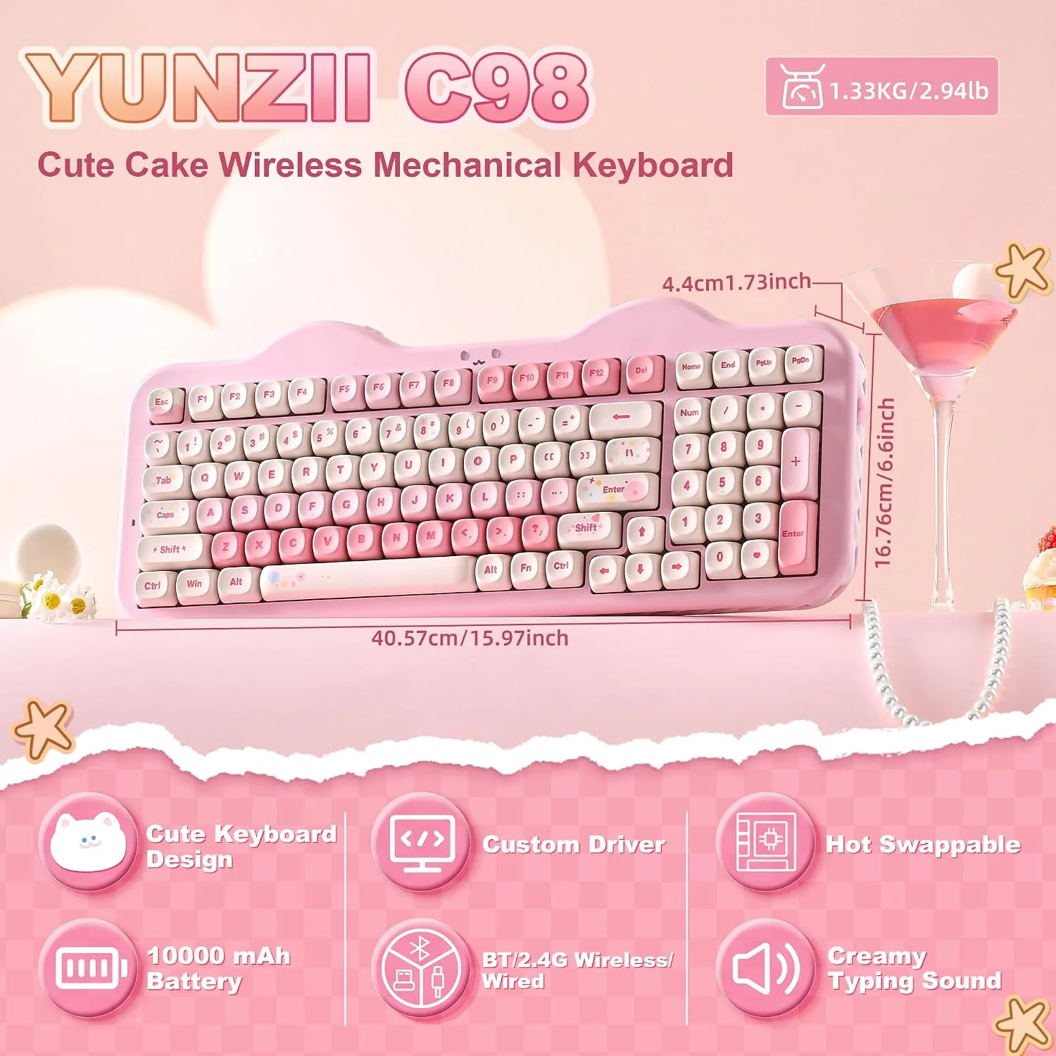 YUNZII C98 Cute Cake Wireless Mechanical Keyboard(Pink, Candy Switch)