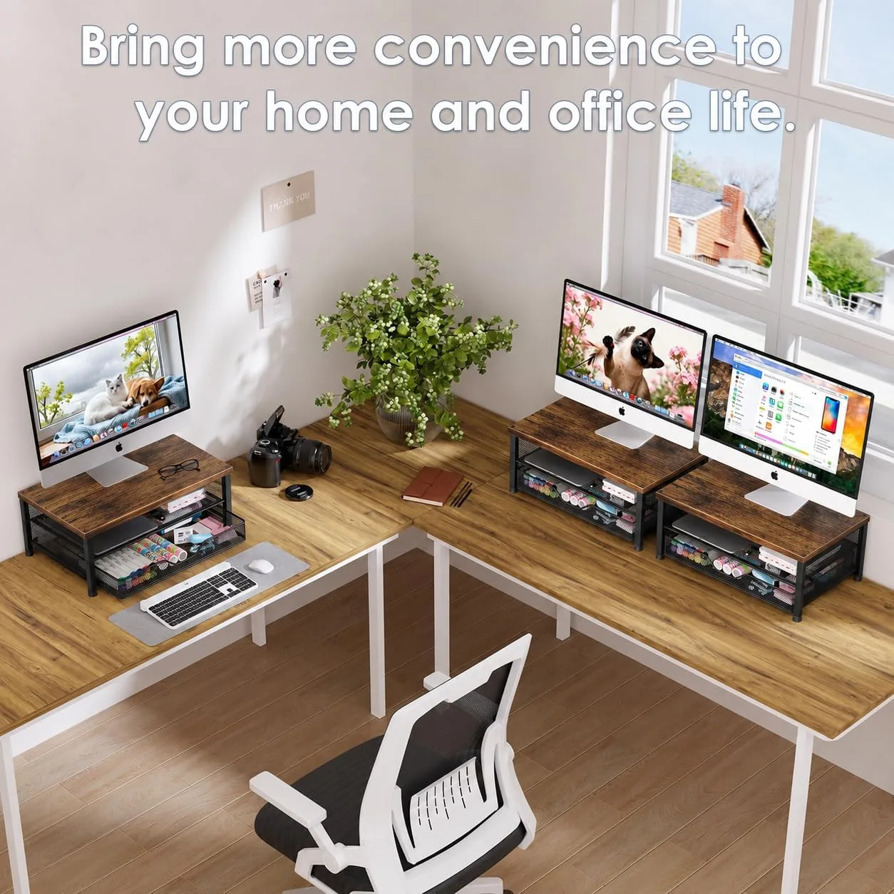 OPNICE Computer Monitor Stand Riser, Desk Organizer with Drawer, Printer & Laptop Stand, Office Desk Accessories & Workspace Desktop Organizers Storage for Office Supplies(Brown)