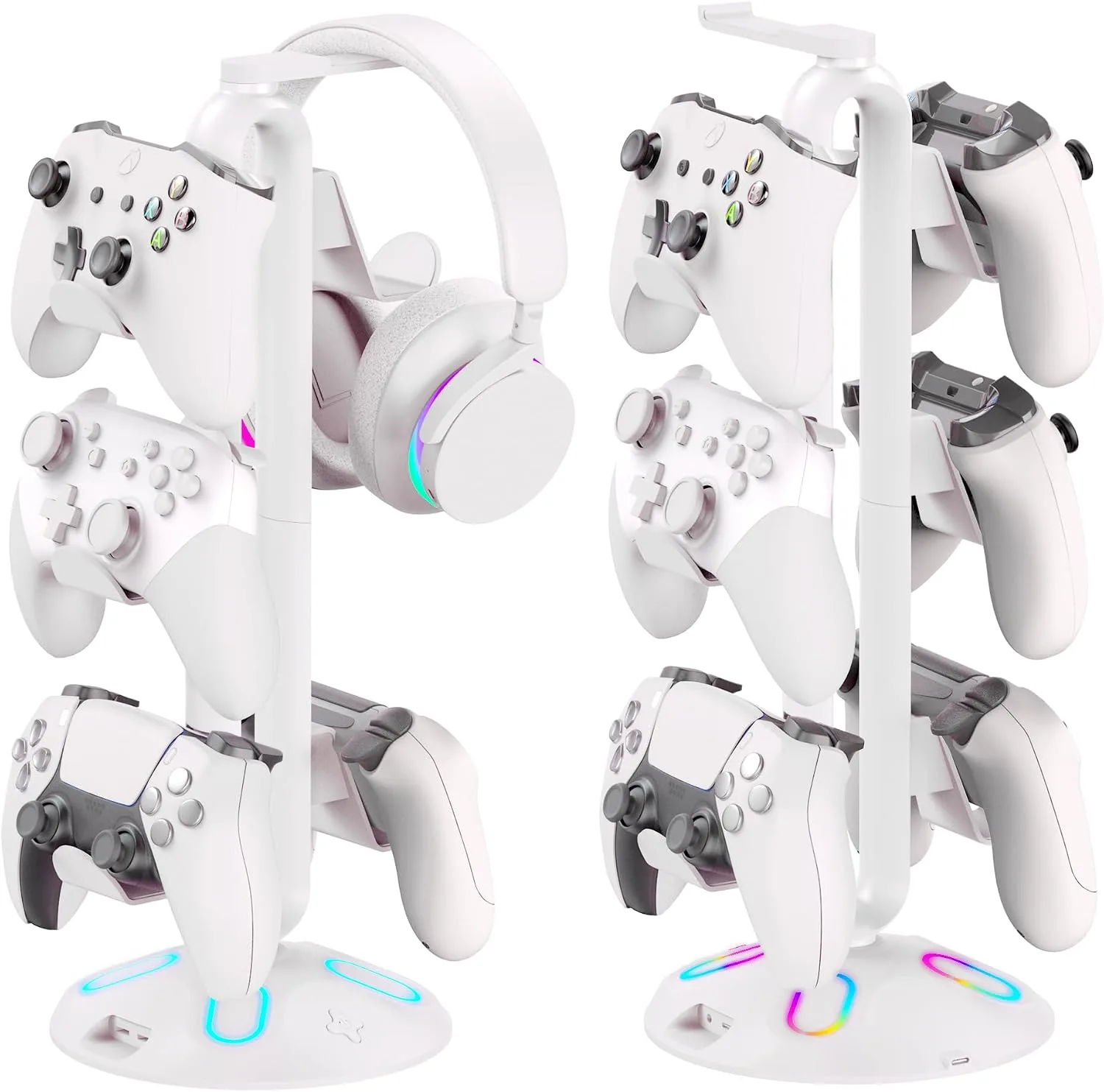 RGB Headphone Stand and Controller Holder With 9 Light Modes - 2 USB Charging Ports, 3.5mm & Type-C - Hanger Accessories for Desk and Gamer (White)