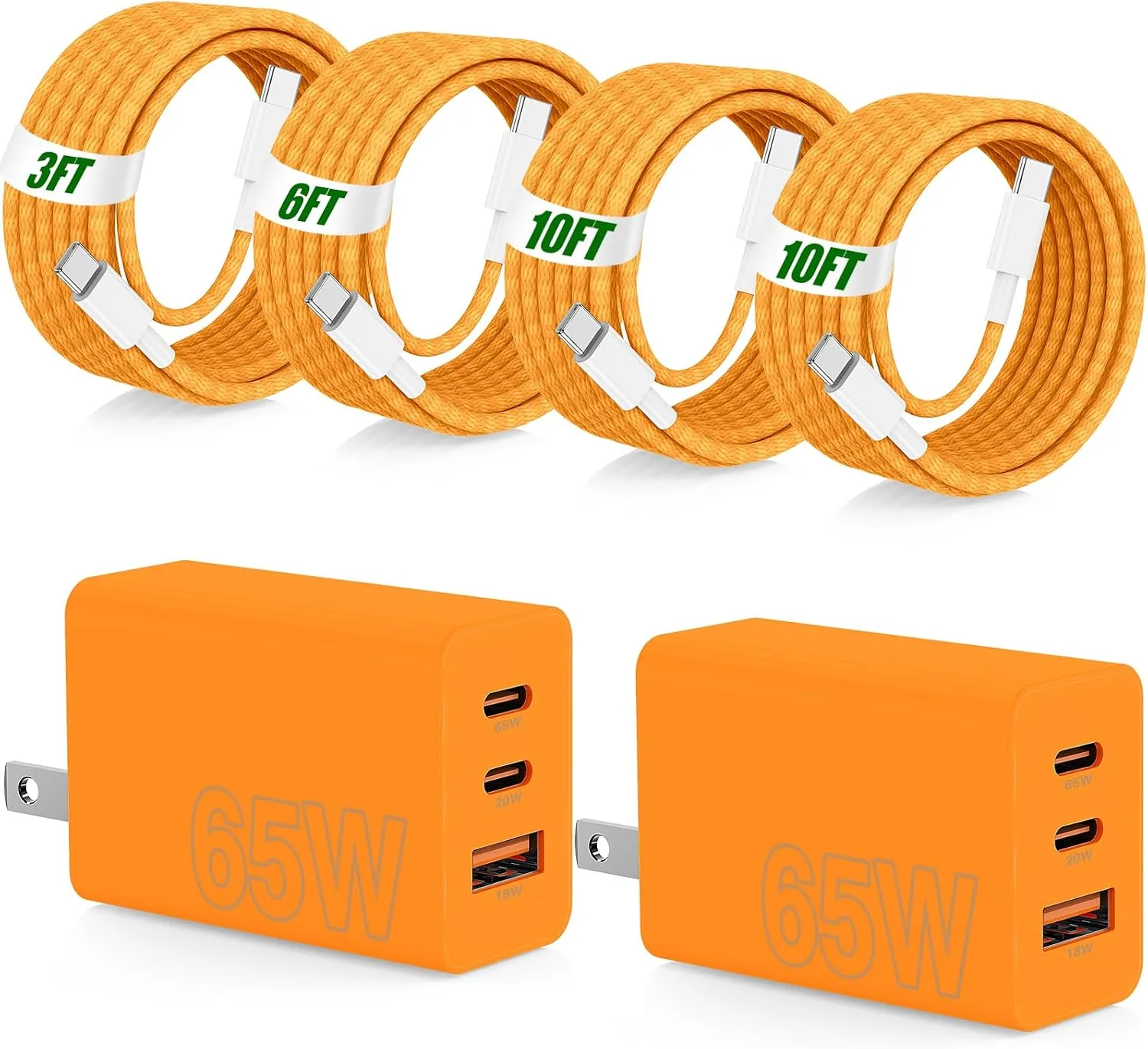 65W Super Fast Charger Type C for Samsung,3 Port 100W Quick Charging 3.0 USB C Block & 3/6/10/10FT Braided Type C Cord for Samsung Galaxy S26 Ultra/S26/S25 Ultra/MacBook Air/iPhone 17 18 Pro-Orange