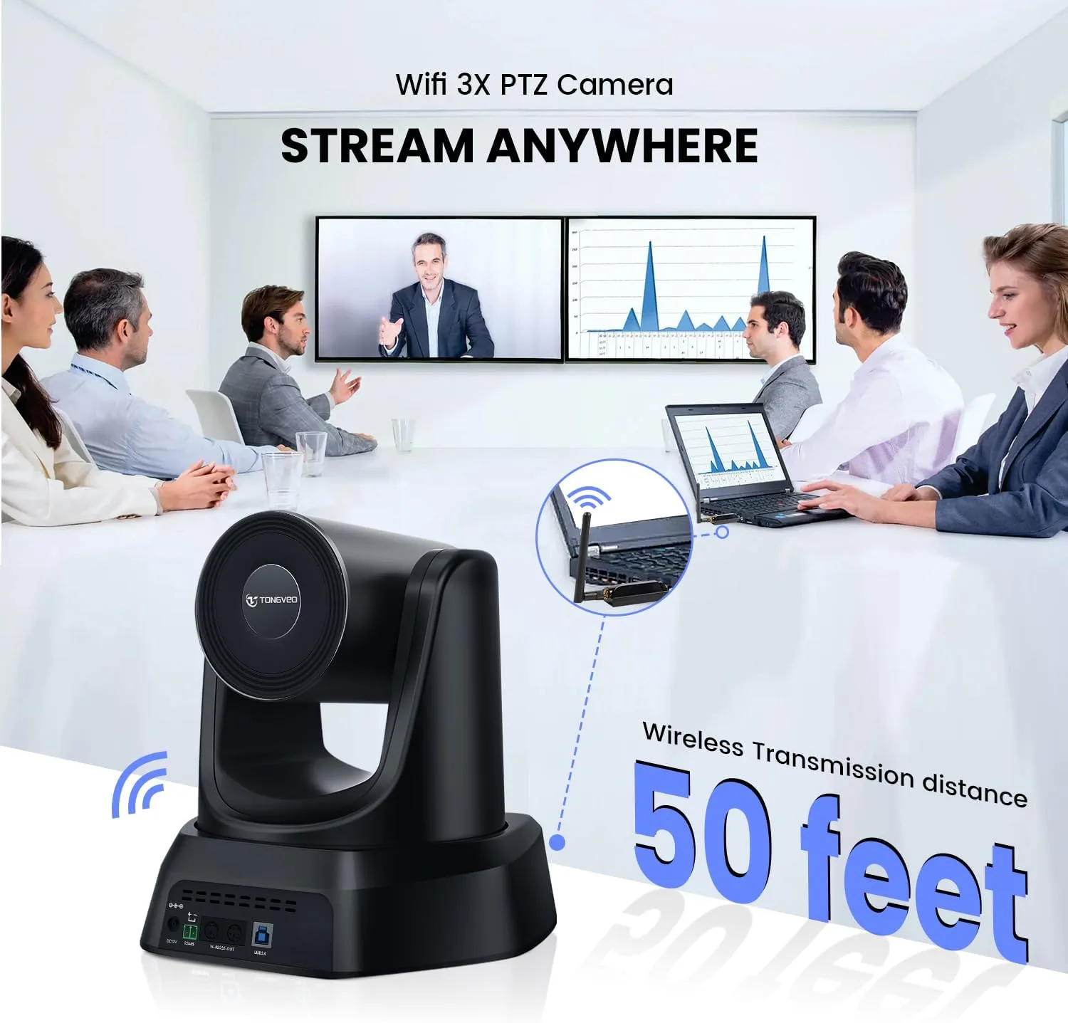TONGVEO Wireless AI PTZ Camera with Auto-Tracking: Built-in 5.8GHz Receiver for Cable-Free Setup, 1080P 60fps 3X Zoom Conference Camera for Church Services, Online Classes & Hybrid Meetings