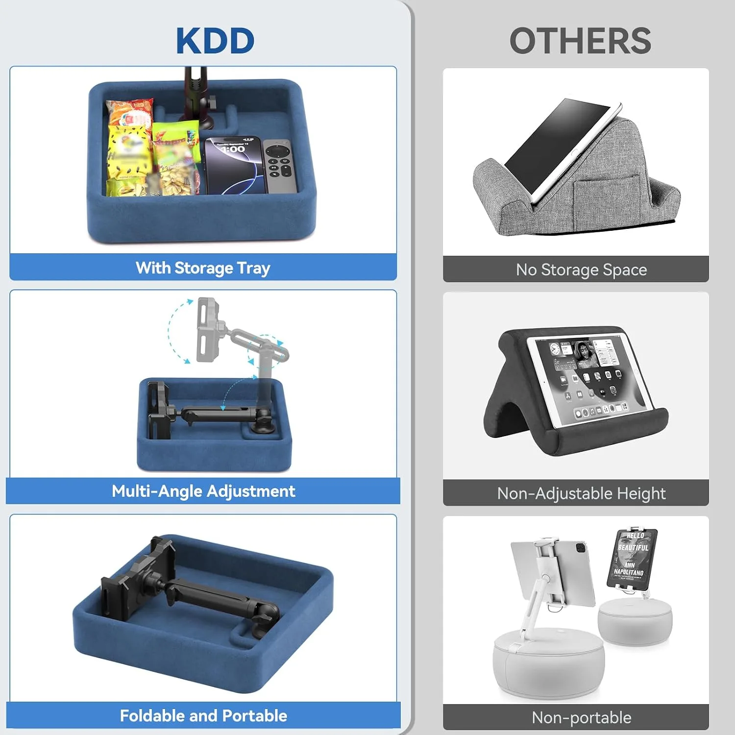 KDD Tablet Pillow Stand - Multi-Angle Adjustable iPad Holder for Lap, Bed and Desk - Foldable Kindle Soft Pad Dock with Storage Tray Compatible with iPad Pro 12.9, Air Mini, Phone, E-Reader