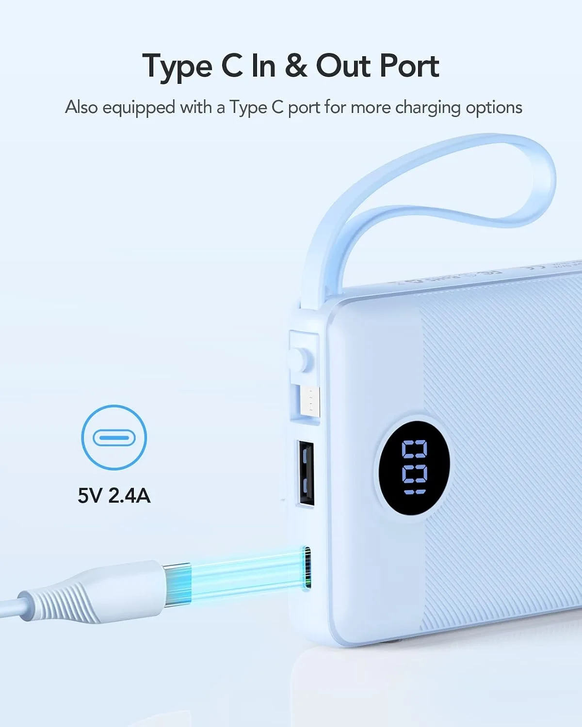 VRURC Portable Phone Charger, Built in 4 Cables USB C Power Bank 10000mAh