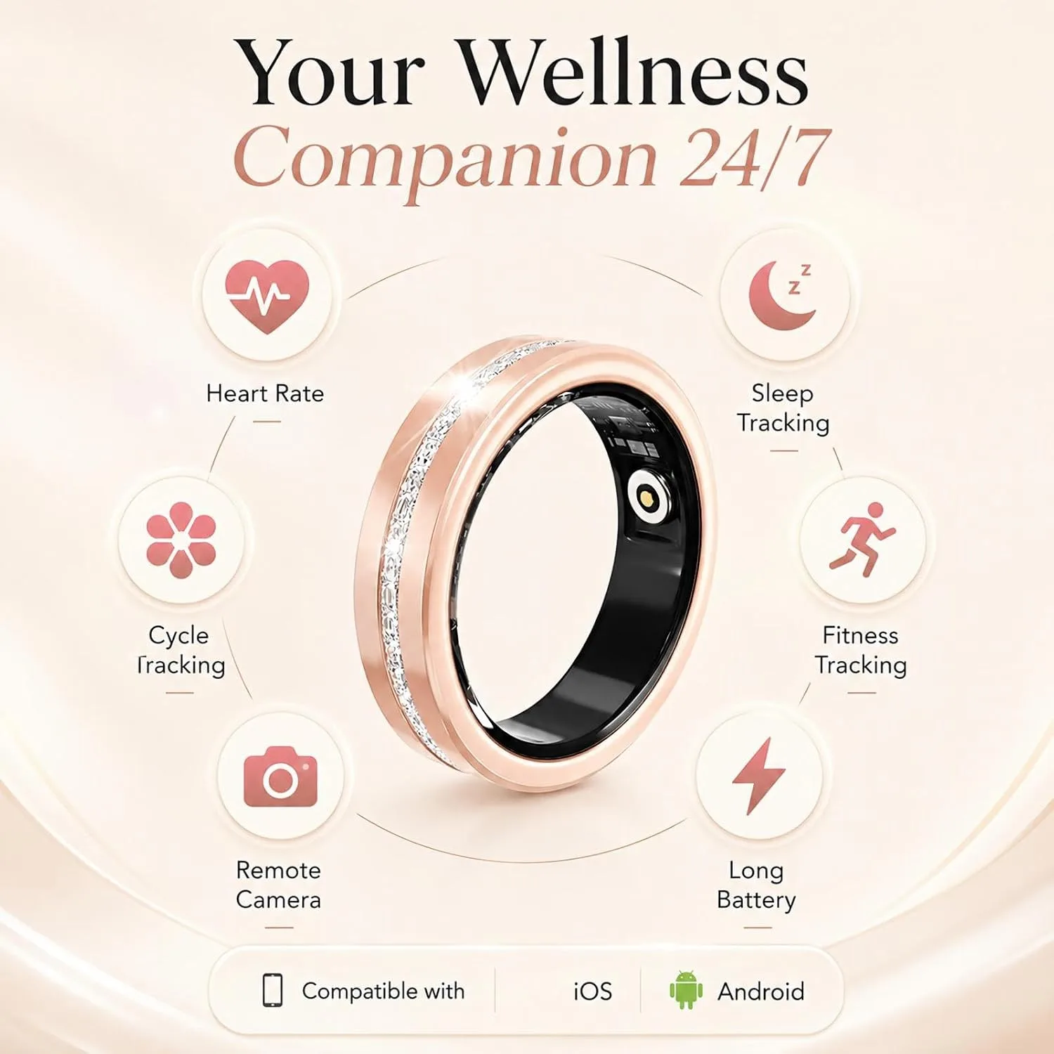 Smart Ring for Women Health Ring with 24/7 Heart Rate Monitor Sleep Tracker Multi-Sport Modes Waterproof Remote Camera Period Tracking Fitness Tracker Diamond-Accented Fashion iOS Android Phones