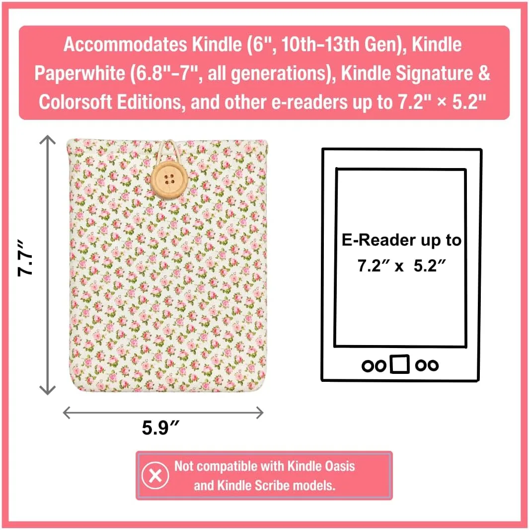 Floral Daisy Kindle Sleeve - Compatible with Paperwhite/Basic (6''), Paperwhite (6.8''), Signature (6.8'') - Cotton Padded E-Reader Cover (Pink Roses)