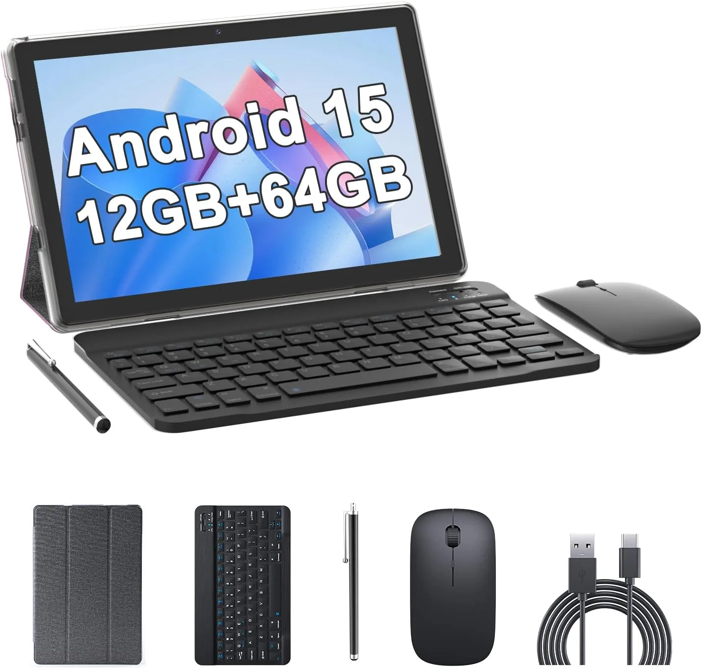10 Inch Tablet Android Tablets 64GB 12GB RAM 10" Android Tablet Supports 1TB Expansion Dual Camera 6000mAh Long-lasting battery WiFi-6 Tableta 2 IN 1 Tablets with Bluetooth Mouse Case Stylus Keyboard