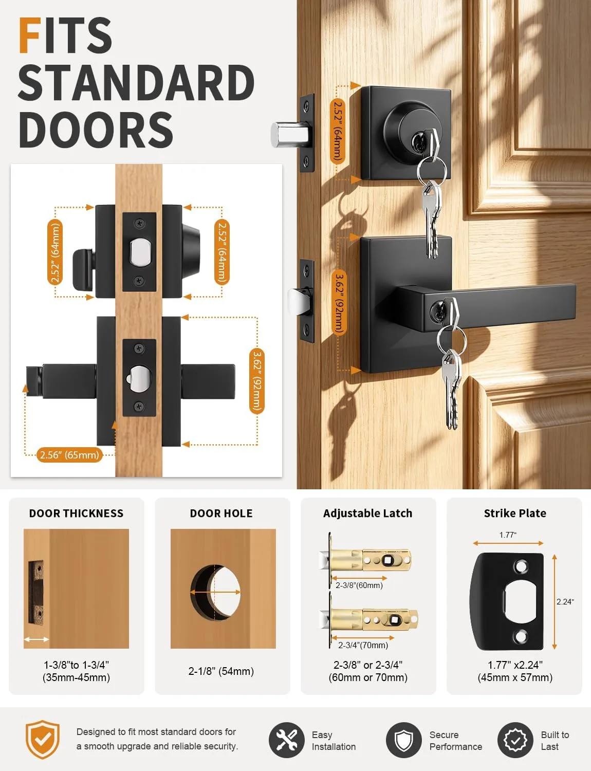 Probrico Square Interior/Exterior Door Lock Set 2 Pack Same Key Matte Black