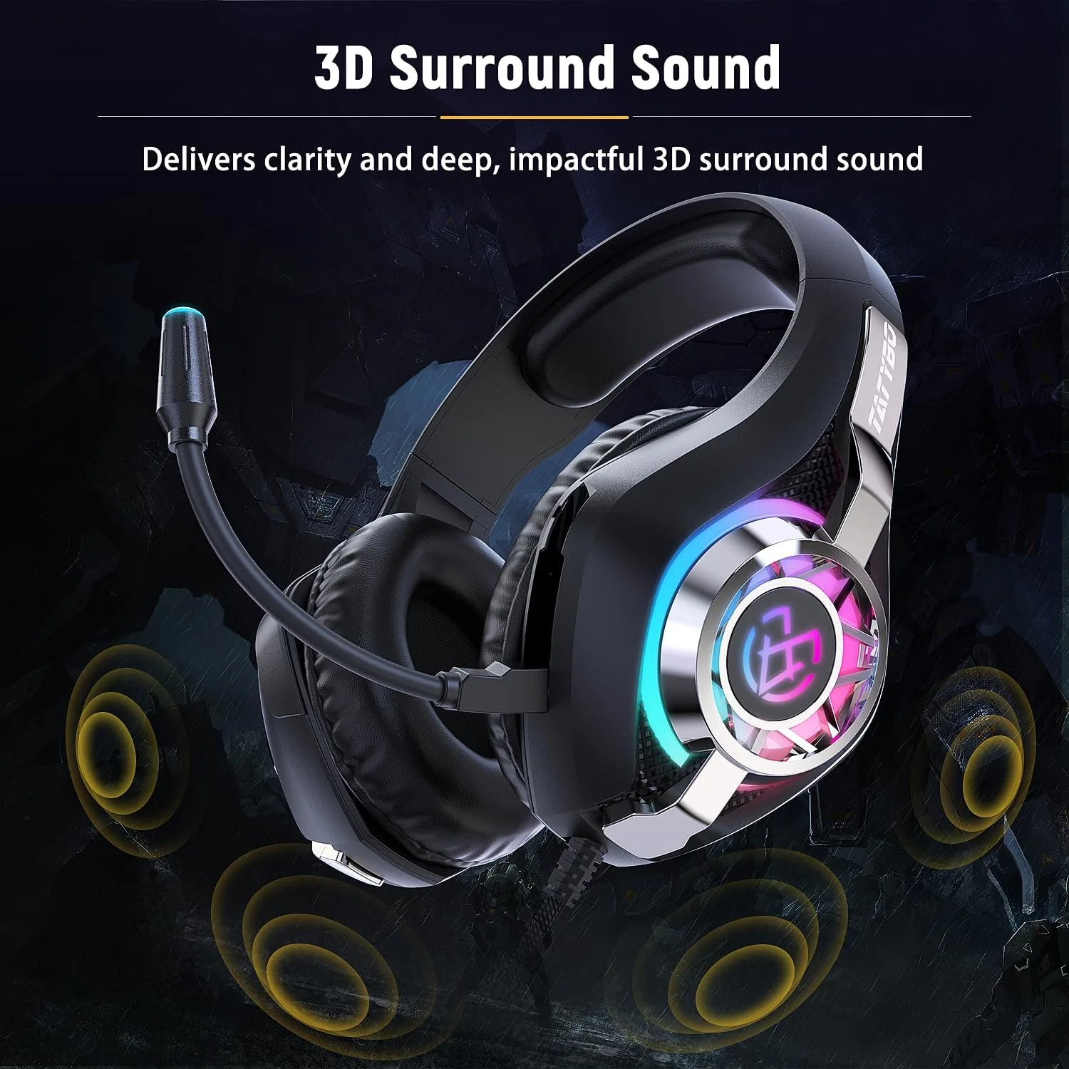 Tatybo Gaming Headset for PS5 PC, Noise Canceling Mic, RGB, Black