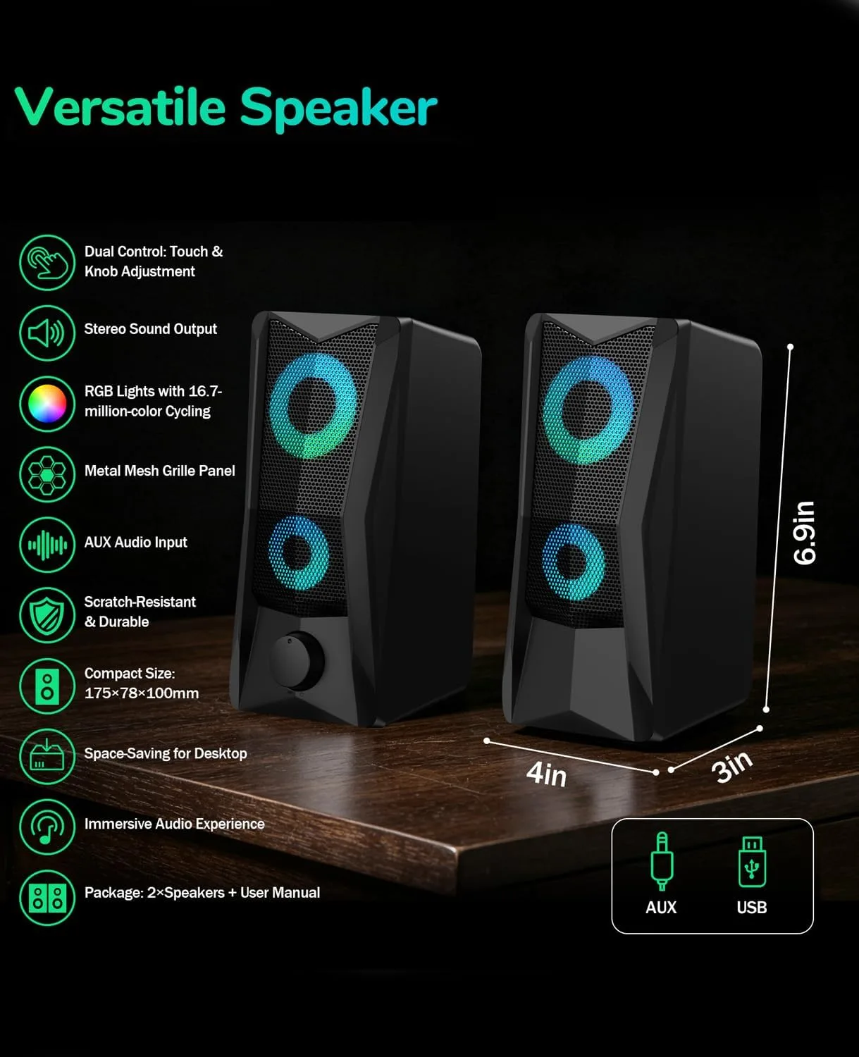 PC Speakers for Desktop, 2.0 Channel Touch Control Volume Light