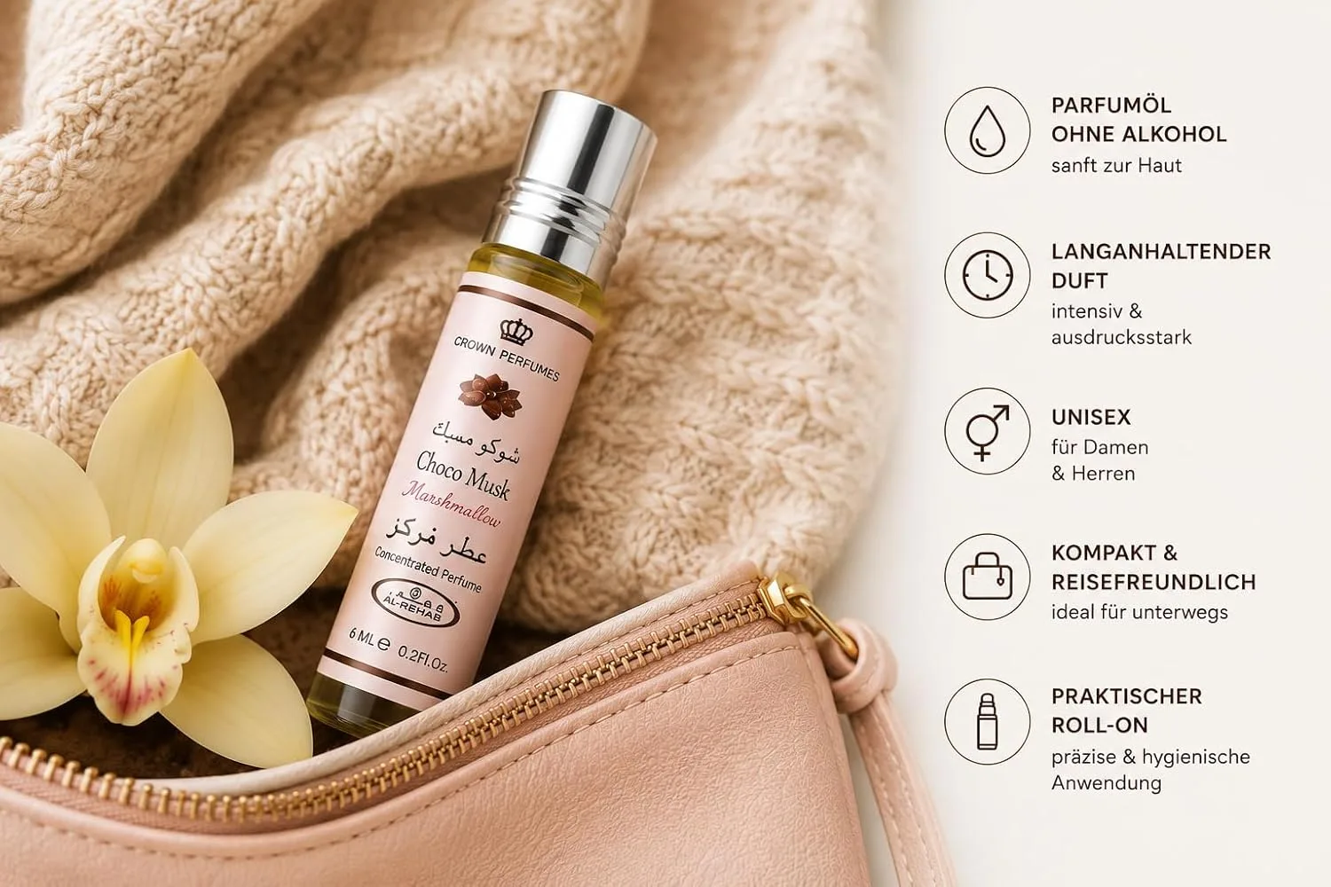 Al Rehab Choco Musk Marshmallow – Sweet Chocolate-Vanilla Concentrated Perfume Oil Roll-On for Unisex, 0.2 Ounce / 6ml