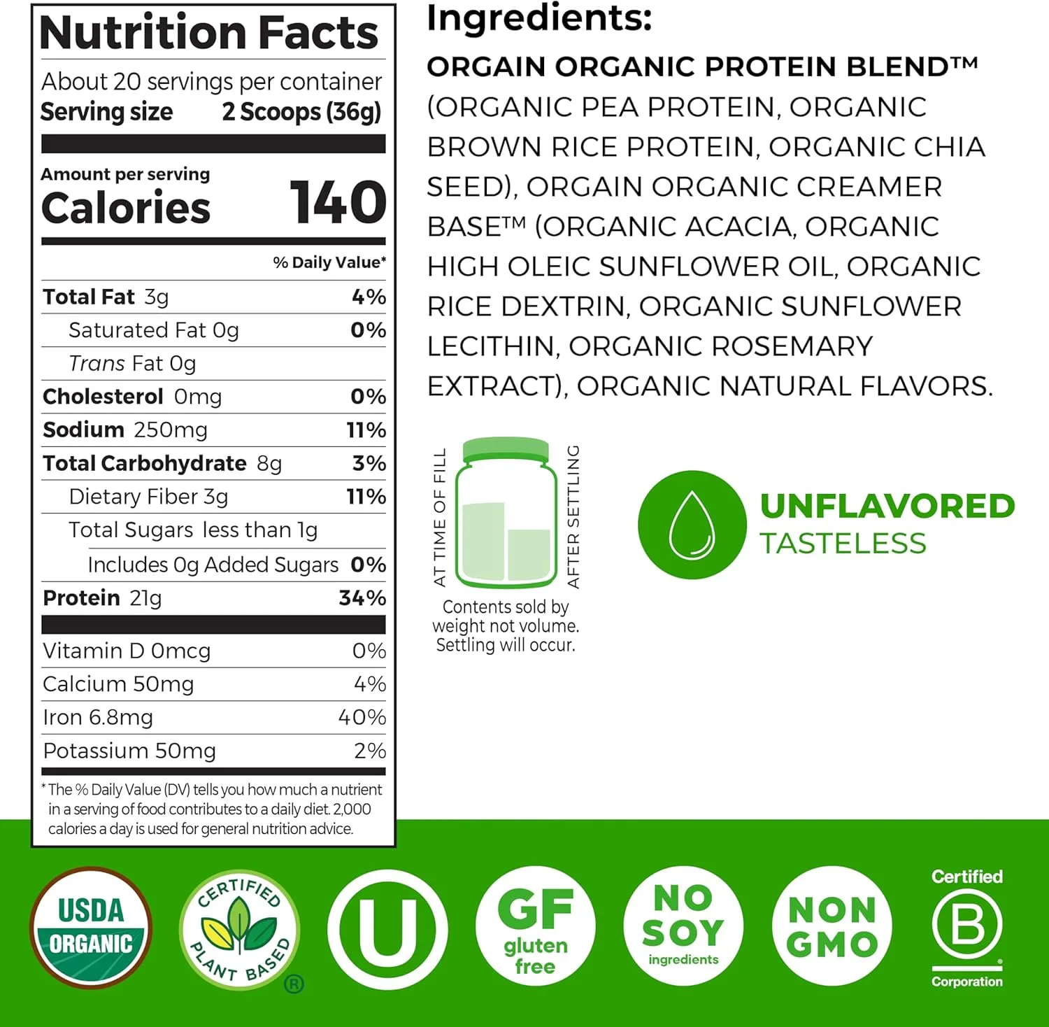 Orgain Organic Vegan 21g Protein Powder, Natural Unsweetened, 1.59 lb