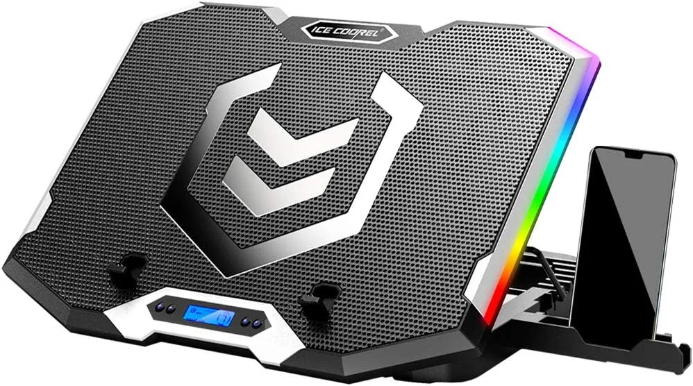 Base de enfriamiento para laptop Ice Coorel Gaming 15-17.3 pulgadas con 6 ventiladores RGB y pantalla LCD