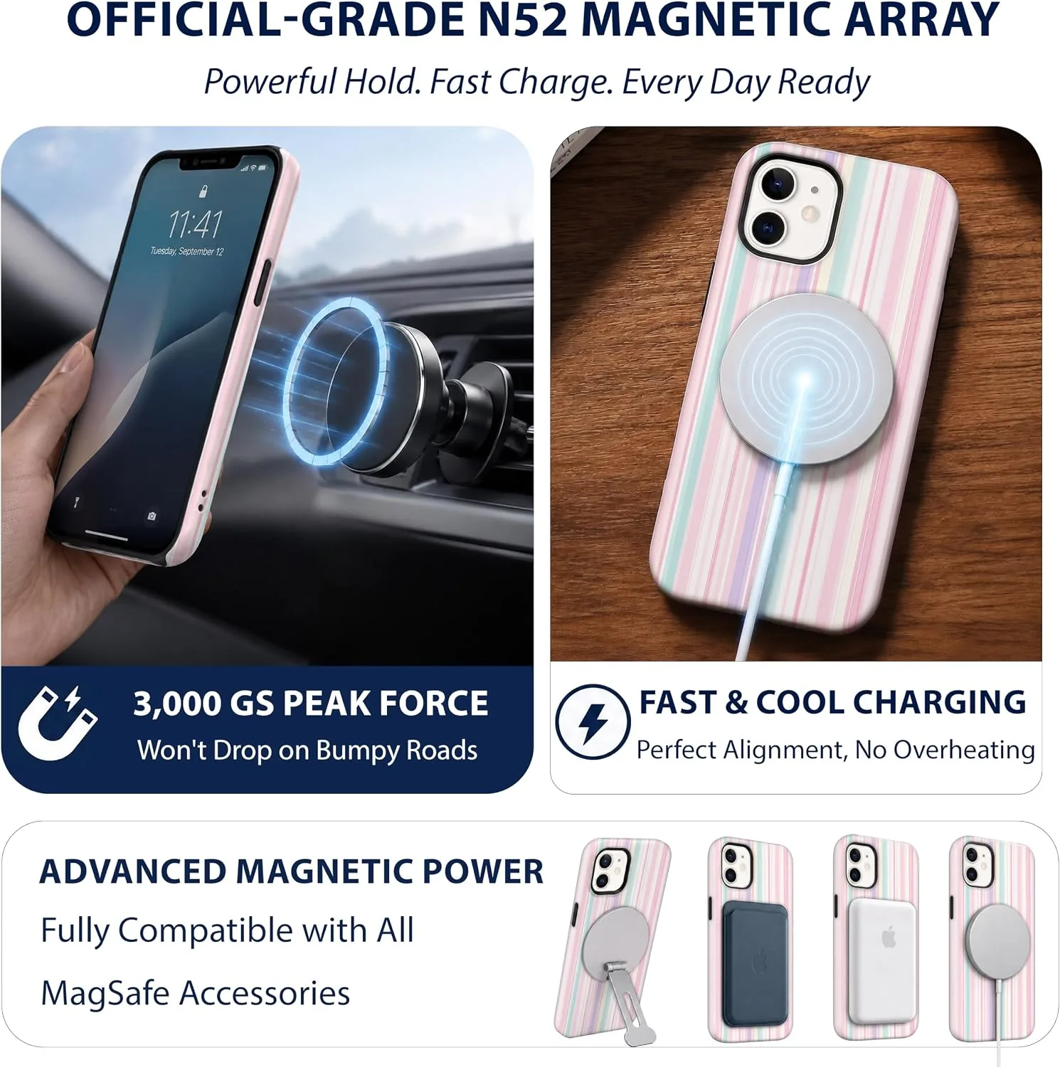 Magnetic for iPhone 11 Phone Case, Cute Trendy Pastel Pink Striped