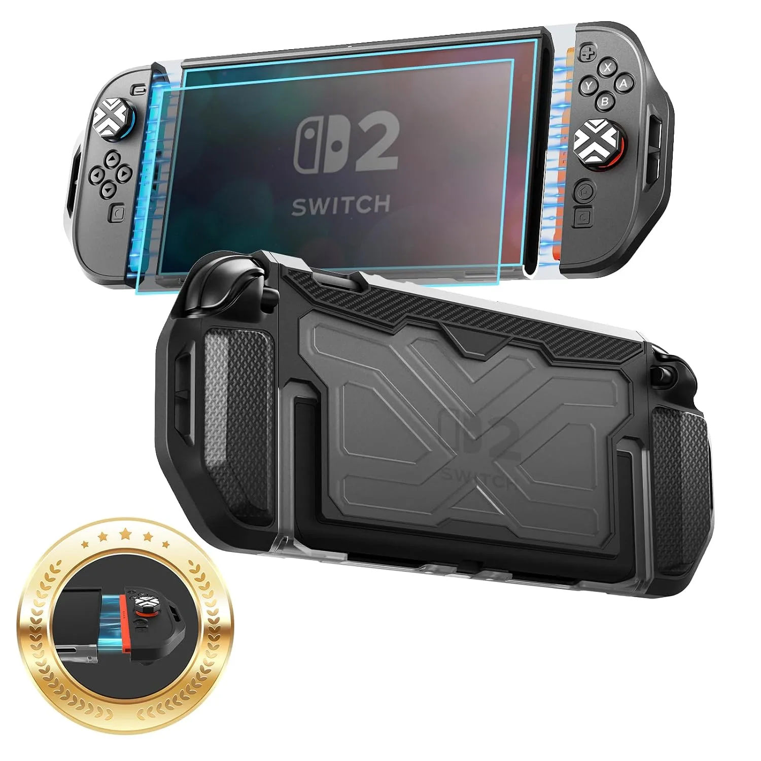 Toladoshop Dockable for Switch 2 Grip Case (2025) Accessories, Armor Slim Military-Grade Protection for Detachable 3PCS Design Joncon Holder with Screen Protectors and Joystick caps, Black