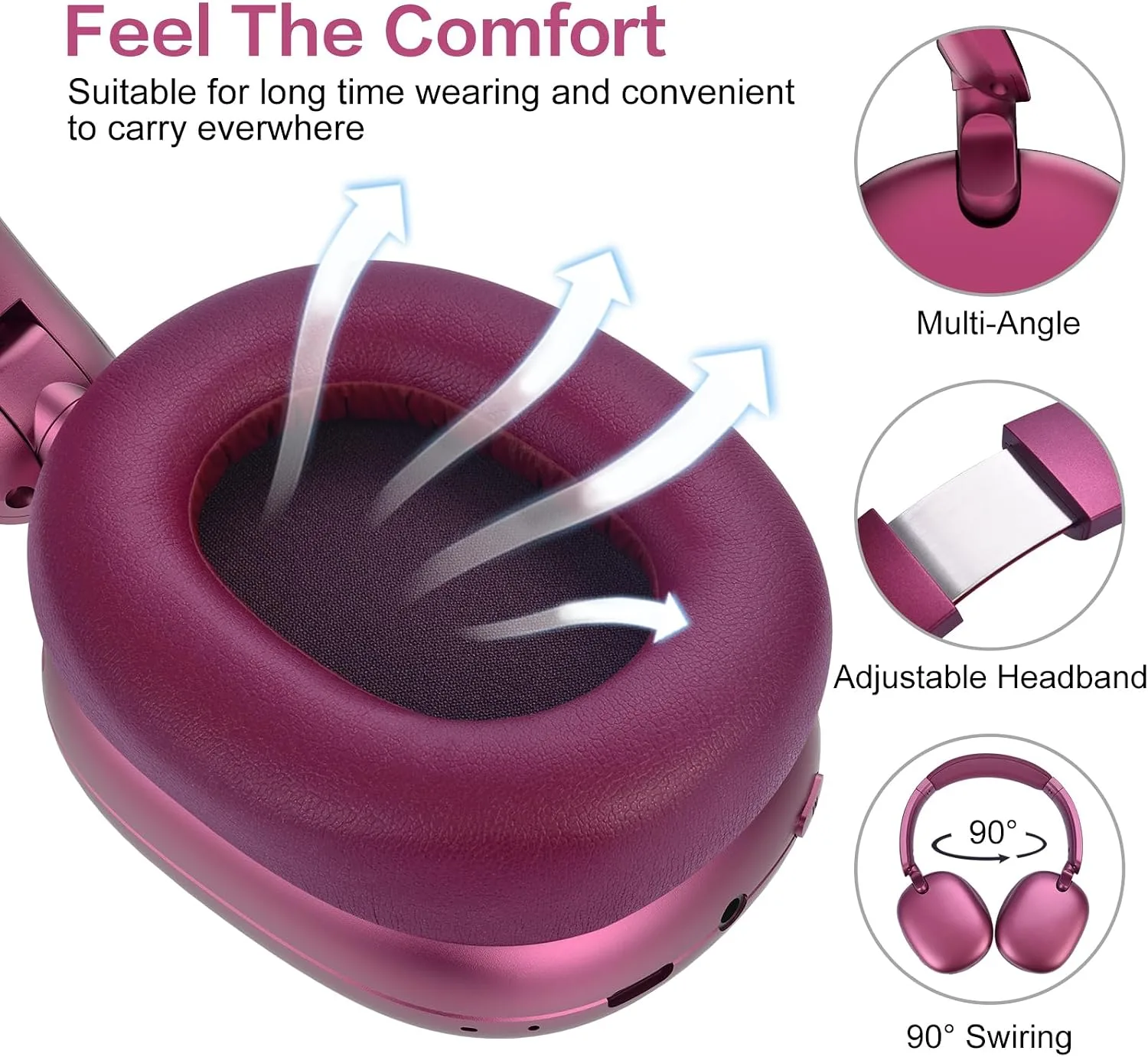 C6 Active Noise Cancelling Headphones, Wireless Over Ear Bluetooth Headphones, 60H Playtime, Lightweight Folding Deep Bass Comfort Fit Ear Cups Headset with Mic for iPad/Travel/PC/Home Red