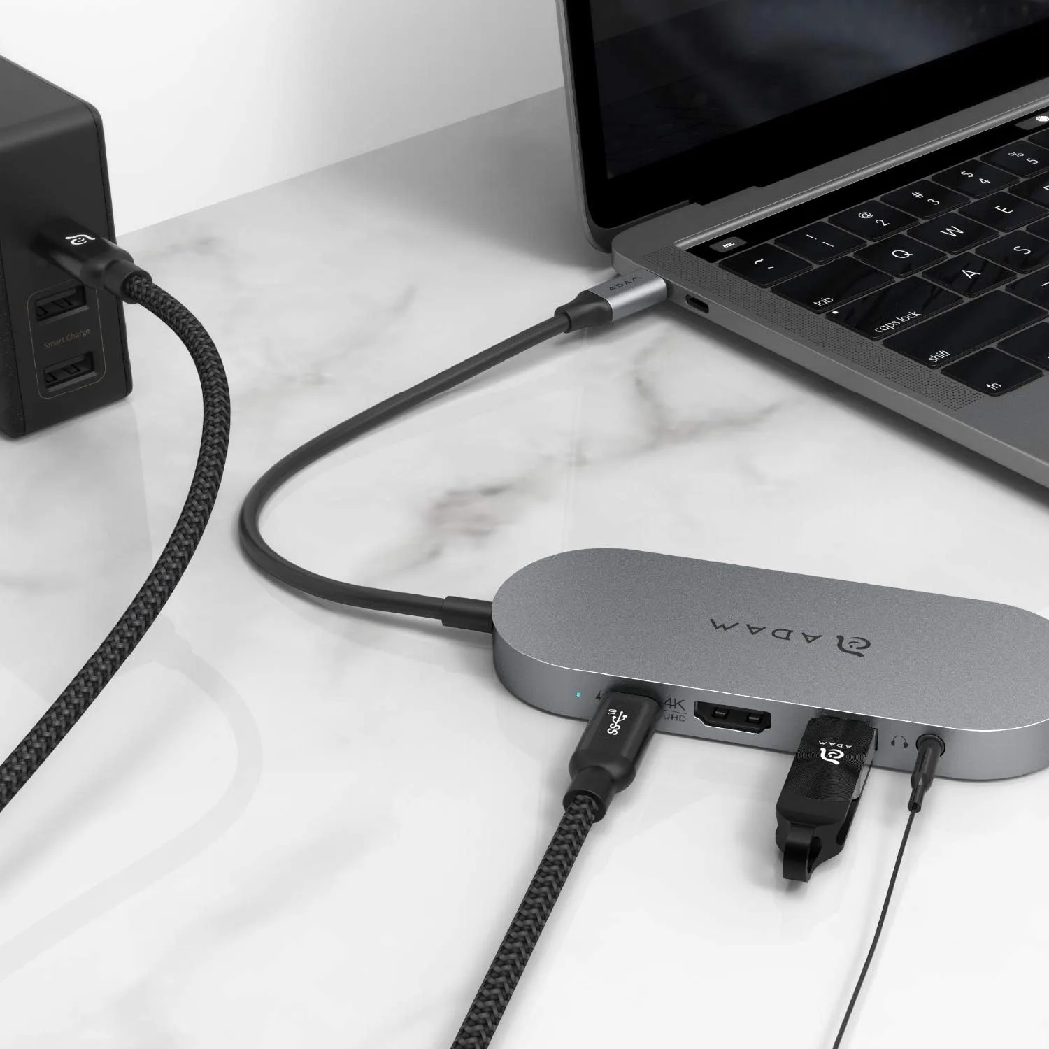 ADAM elements USB-C Hub with 240GB SSD External Storage, 4-in-1 Multiport Adapter with 4K HDMI, 60W PD & 3.5mm Audio for MacBook Pro/Air M4-M1, iPad Pro & iPhone 17-15