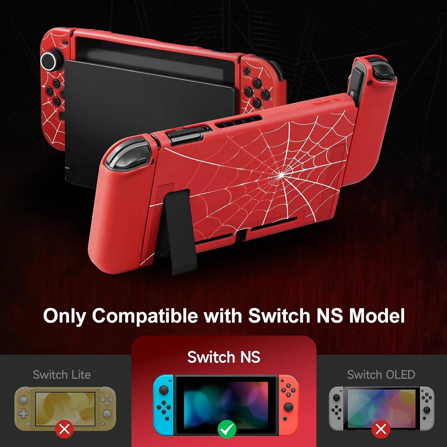 JINGDU Protective Case Compatible with Nintendo Switch 2017, TPU Case Accessory for Switch Console and Grip Joy-Con, Switch Protector with 4 Thumb Grips, Red Spider Web