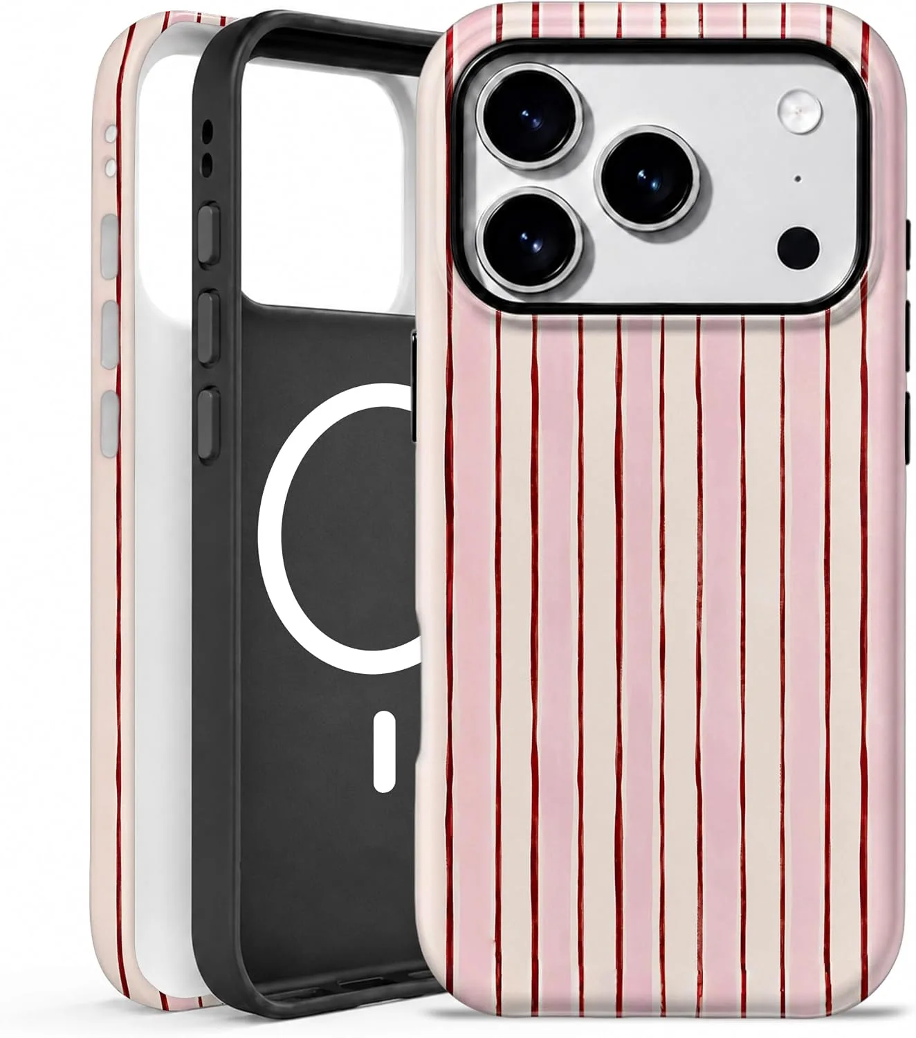 Magnetic for iPhone 17 Pro Max/18 Pro Max Phone Case, Pink & White Striped
