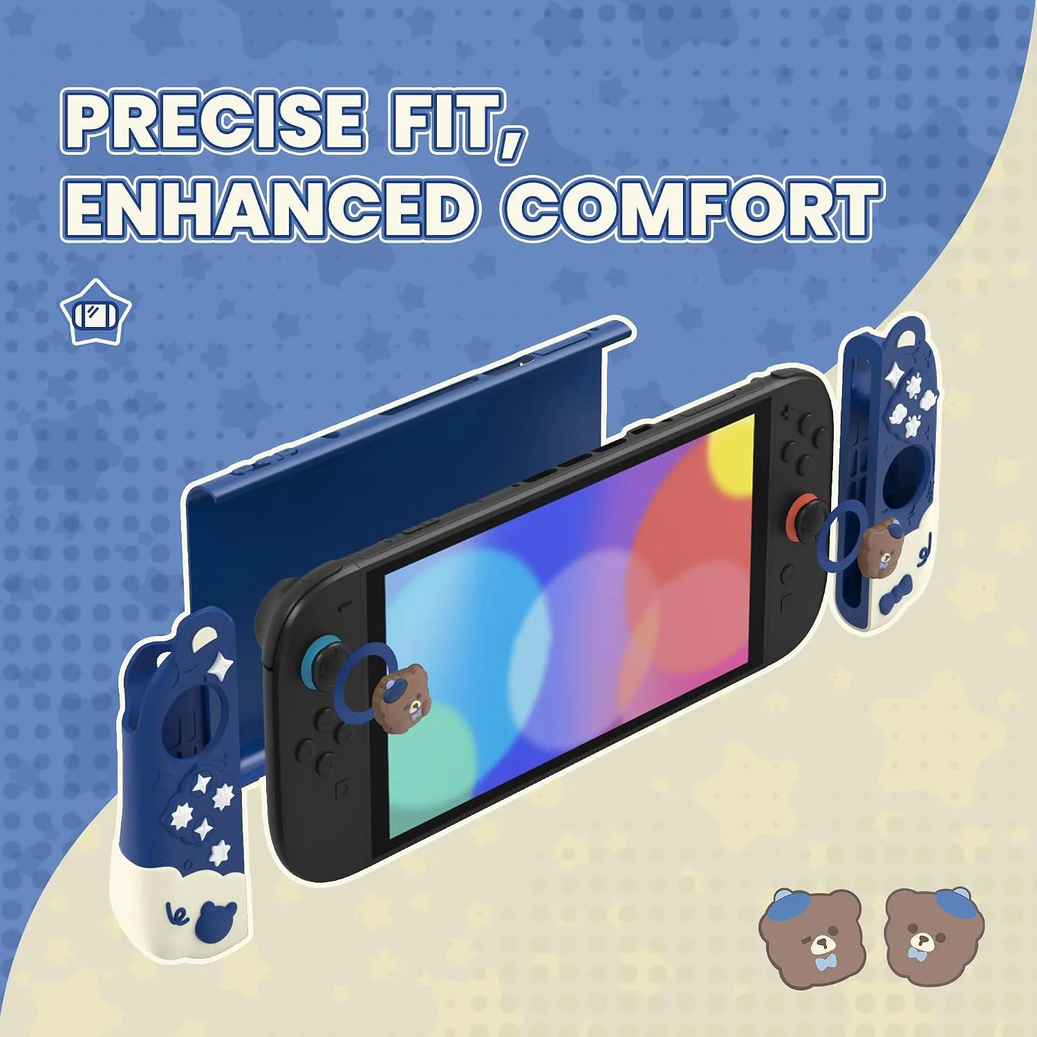 PlayVital Good Night Bear Dockable Case for Nintendo Switch 2 with Stand | Split Design Silicone Joycon Grips, PC Console Hard Shell, 2 Joystick Caps | Cute Protective Cover Bundle – Midnight Blue