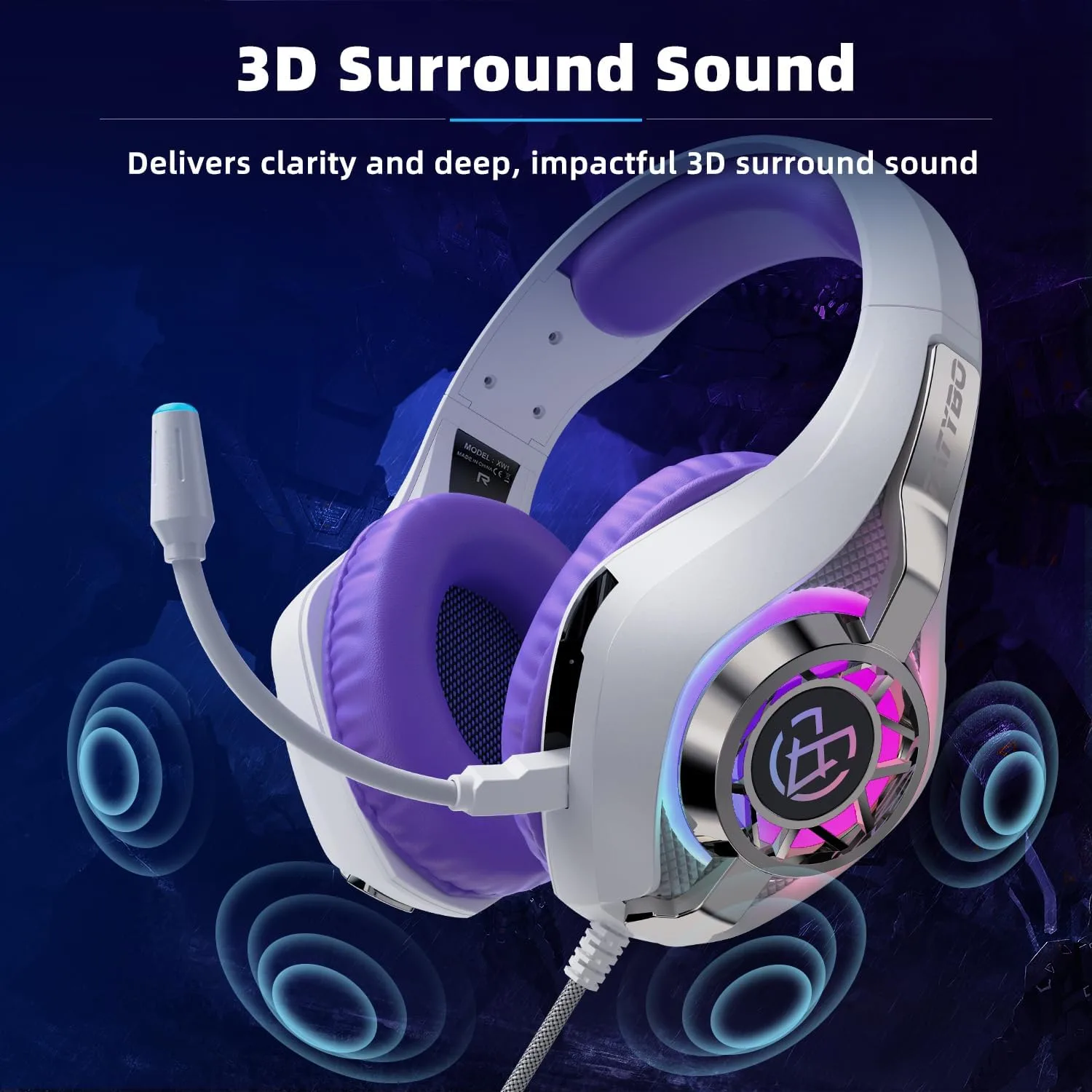 Tatybo Gaming Headset for PS5 PC, Noise Canceling Mic, RGB, Purple