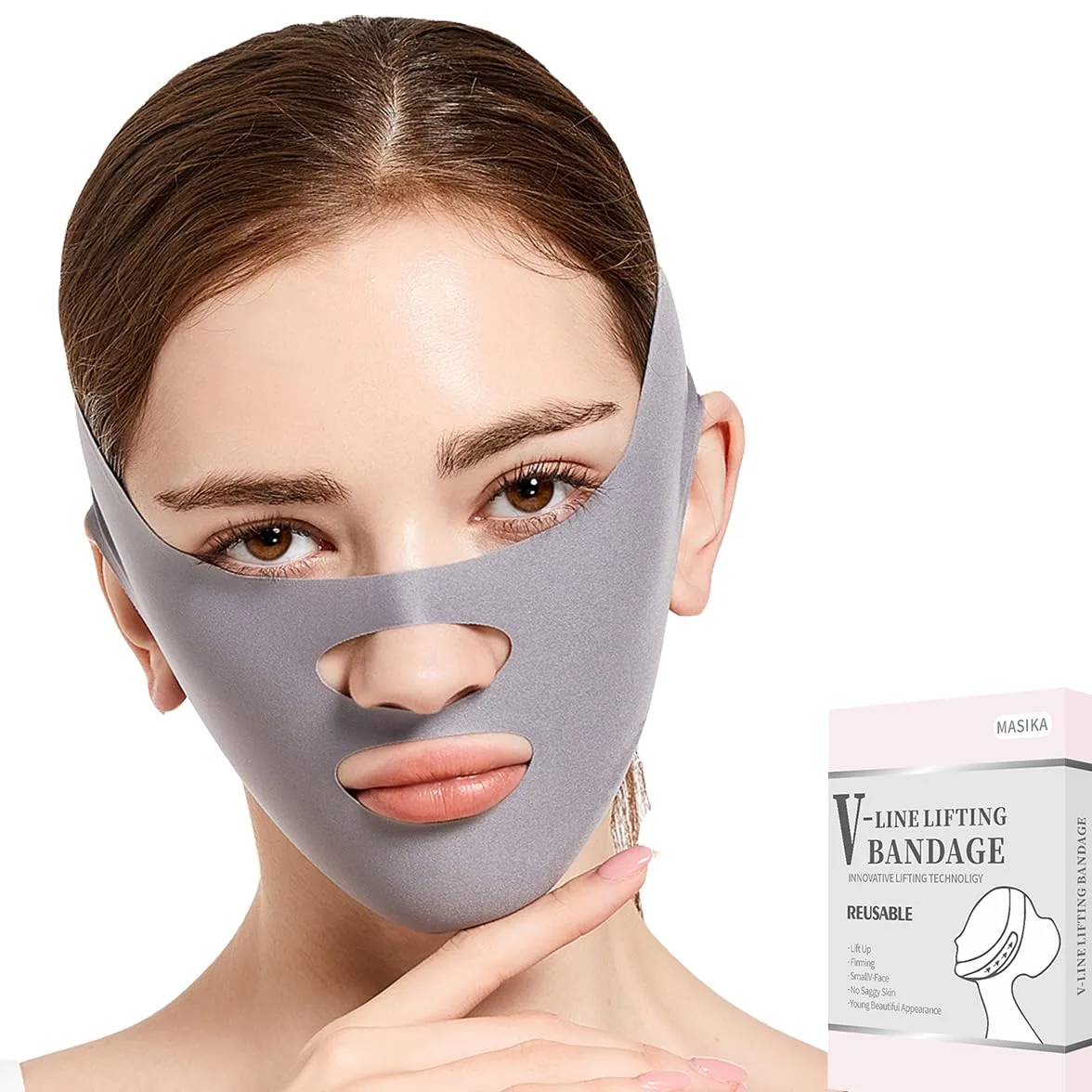 MASIKA Chin Strap for Sleeping，V-Line Mask,，V-Line Lifting Chinstrap，Jaw Exerciser, Reusable Face Strap.Jaw Strap,Jawline Shaper,Double chin strap，Chin lifting strap，Face lifting strap，Grey,M