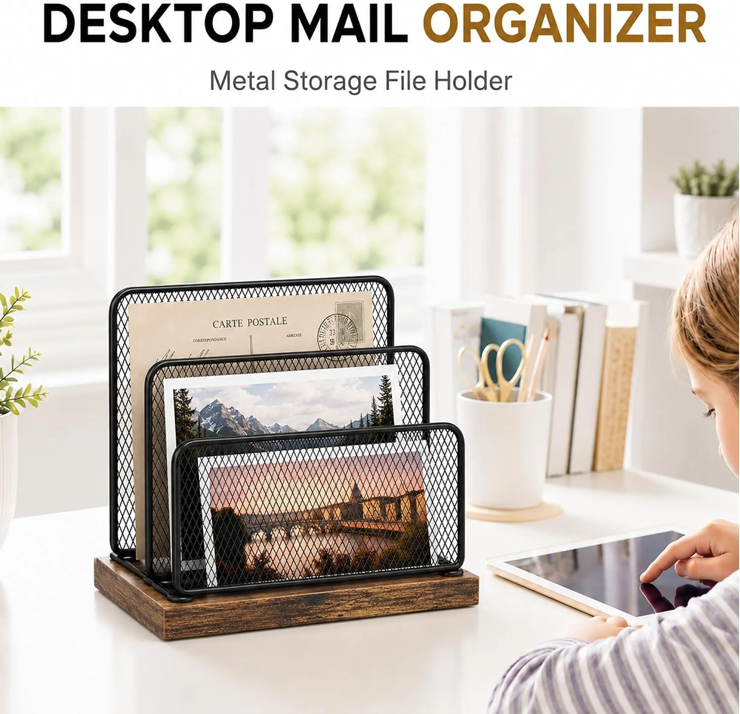 OPNICE Wooden Mail Organizer, File Organizer for Desk, Brown