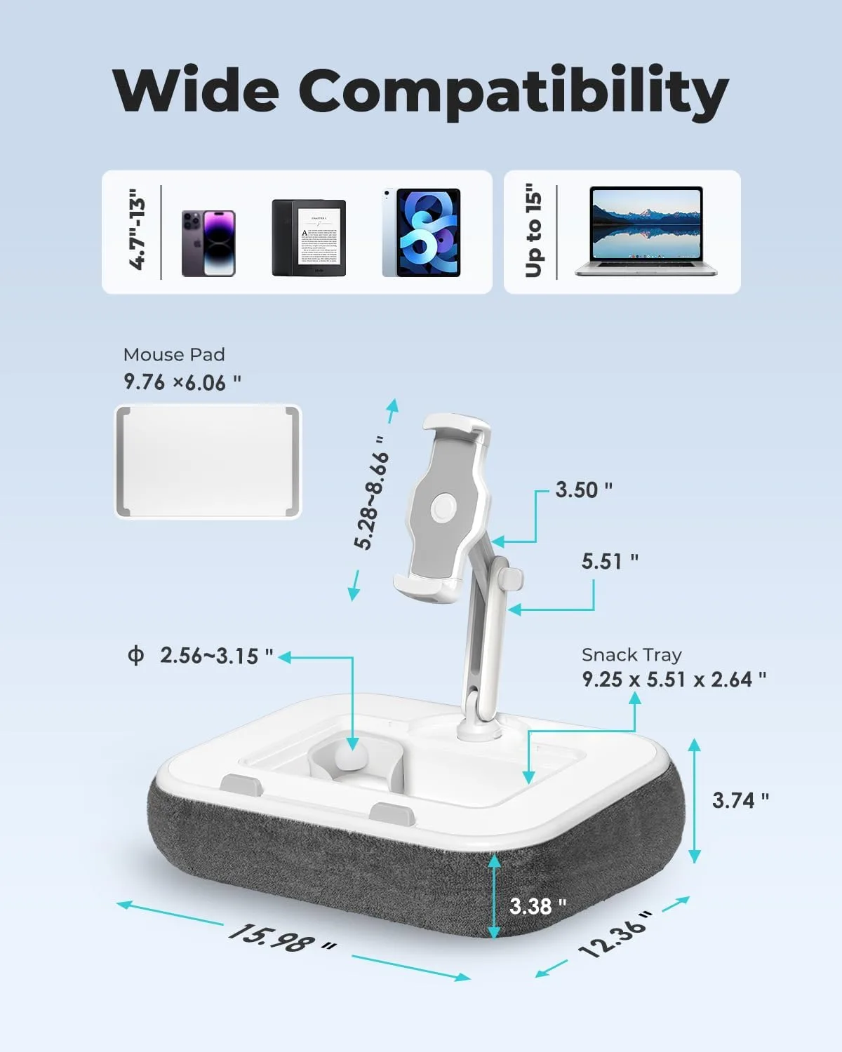 Viozon Kindle Pillow Stand Holder, Phone Holder for Bed, Laptop Lap Desk with Mouse Pad,Compatible with 4.7-13" Kindle/Tablet/Phone,10-15" Laptop, Snack Bowl&Cup Attachment&Detachable 360°Stand Arm
