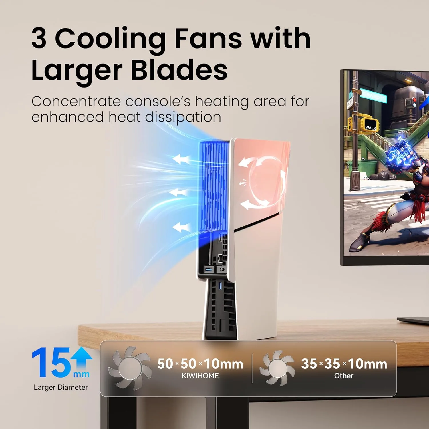 KIWIHOME Cooling Fan for PS5 Slim, Larger 3-Fan with Auto Speed USB3.0