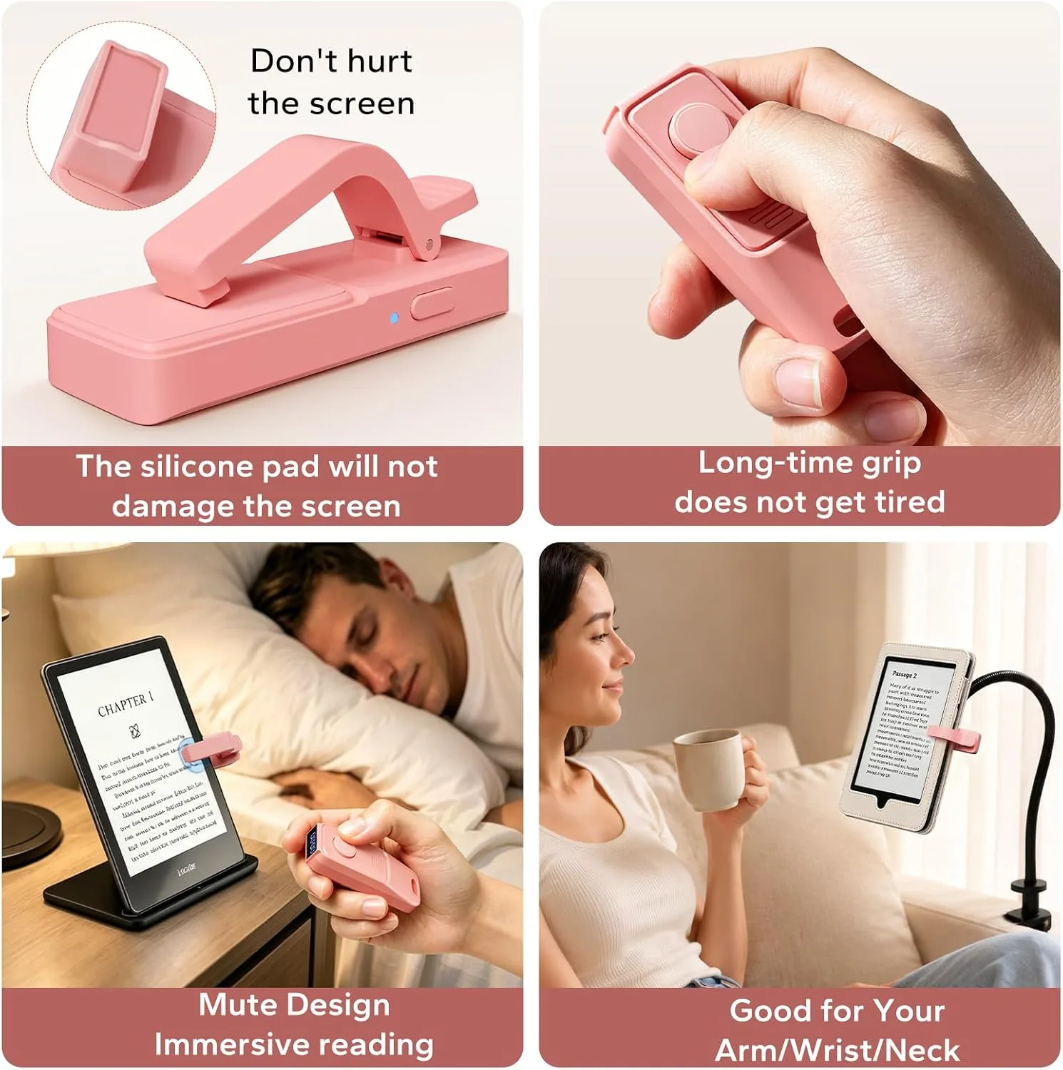 (Fit All Cases) Page Turner for Kindle,Portable Selfie Light,Reading Timer Tracker,Book Light for Kindle,iPad,iOS Android. Clicker for Kindle for Camera Video Recording and Selfie Shutter(K3-Pink)