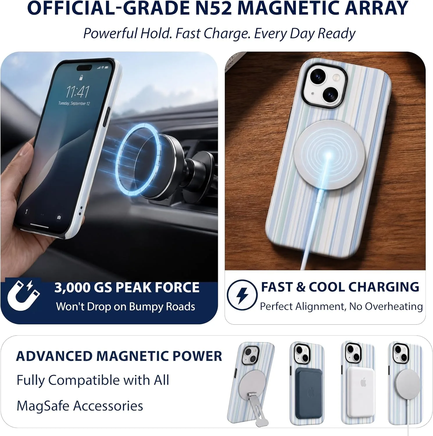 Magnetic for iPhone 15 Phone Case, Cute Trendy Pastel Blue Striped
