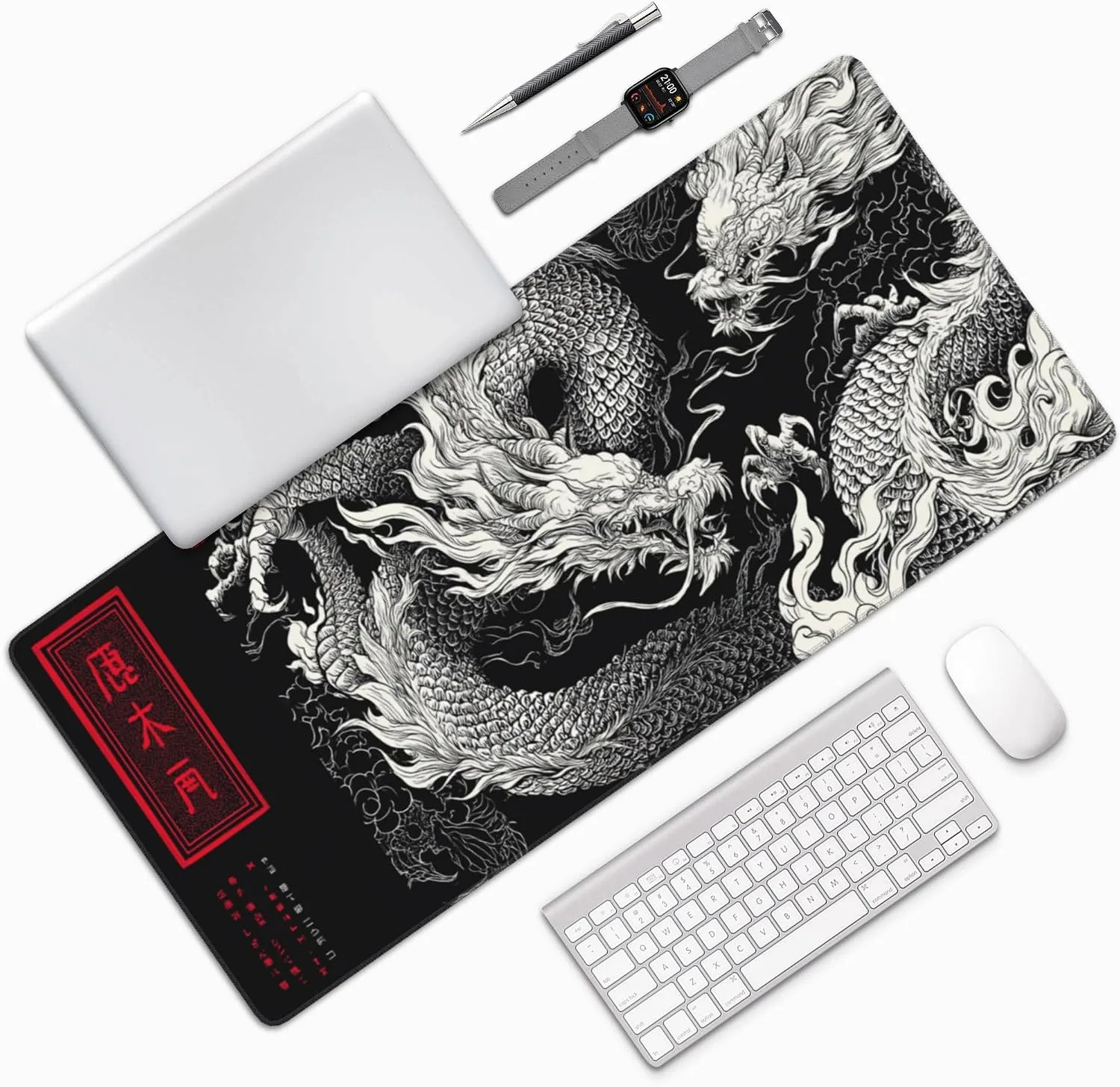 Large Gaming Mouse Pad with Dragon Design, Non-Slip, 35.4" x 15.7", Black and Red Japanese Style Desk Mat