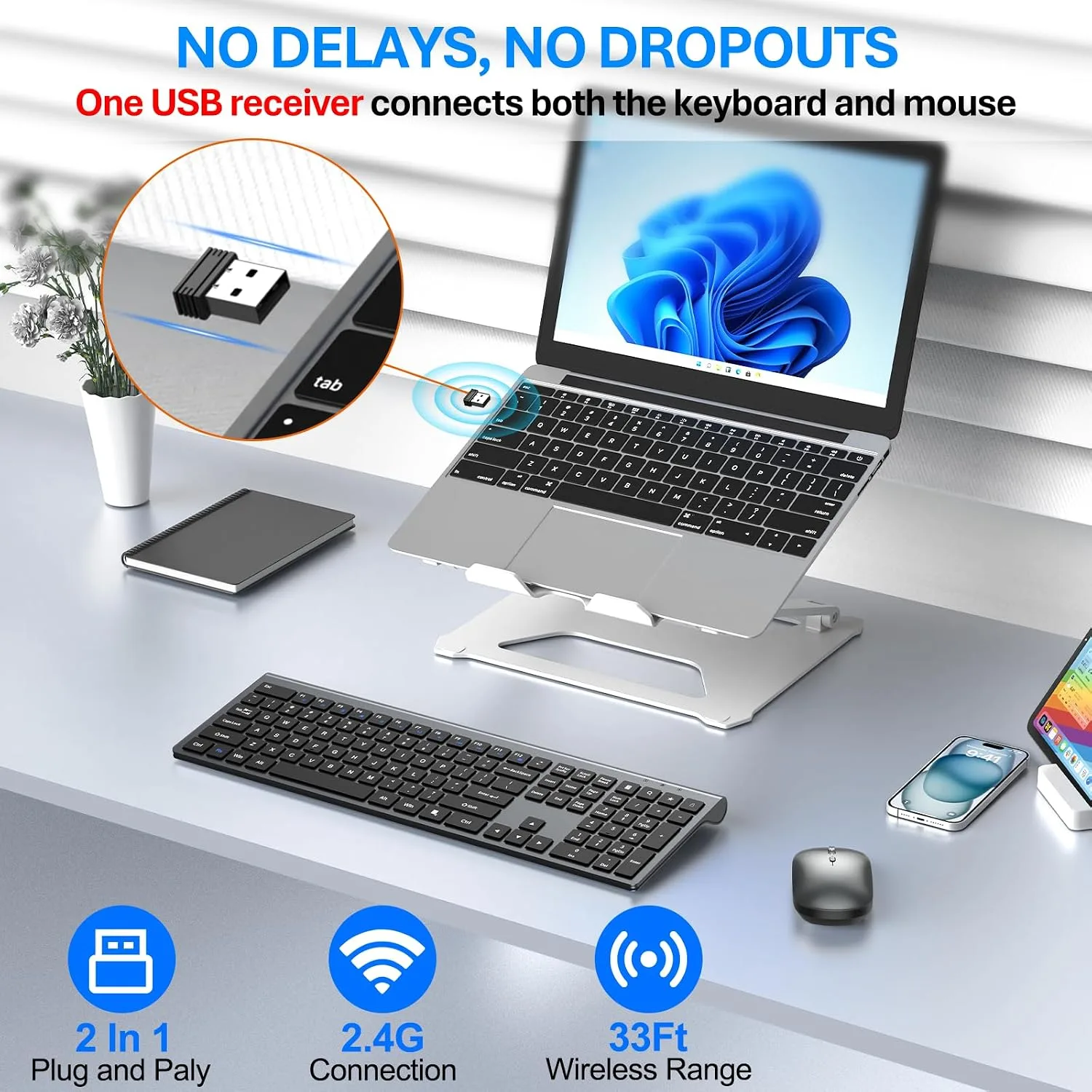 Wireless Keyboard and Mouse Combo, Ultra Slim Full Size Silent Keyboard