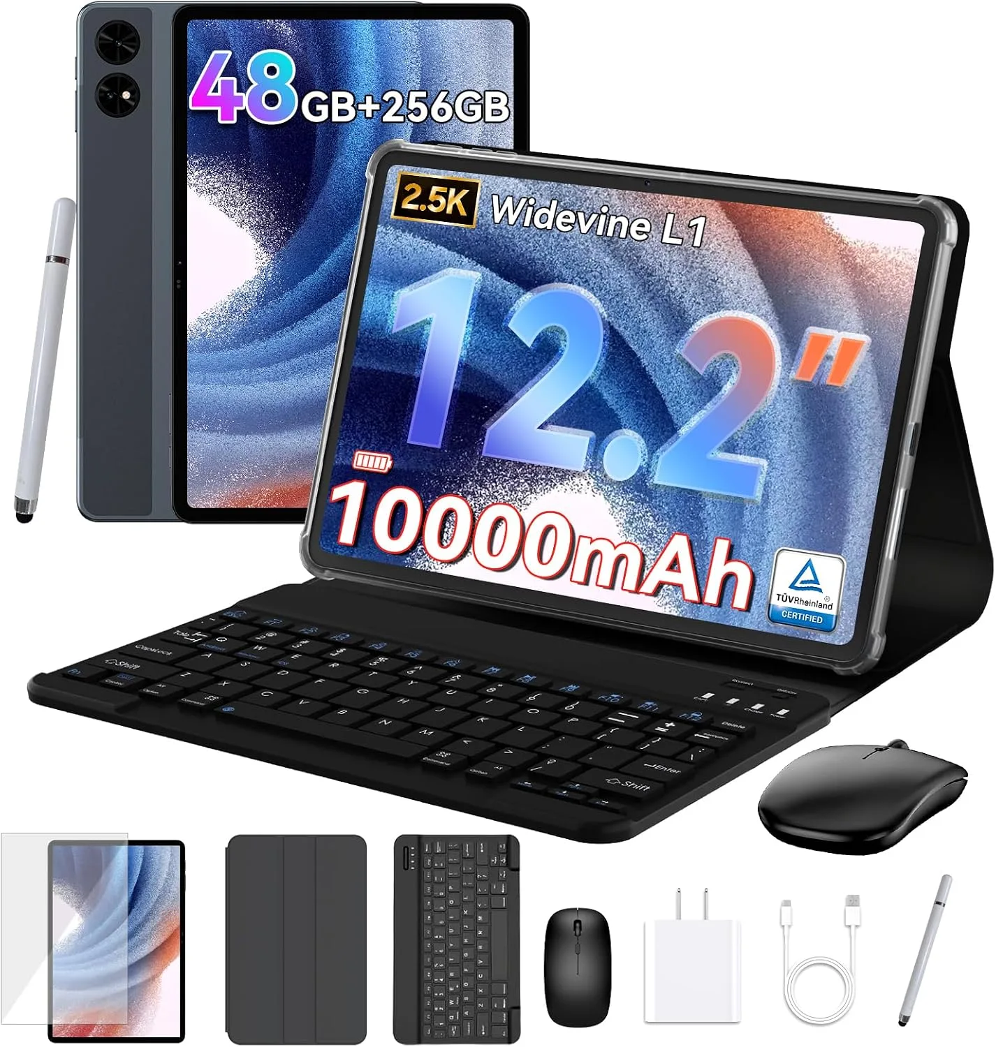 2026 Upgraded 12.2 inch Tablet, Android 16 Tablet with Keyboard, 2.5K QHD Display for High-Res Gaming/Art/Productivity, Up to 48GB+256GB+2TB TF,Octa-Core/10000mAh/Widevine L1/GMS/GPS/4-year Warranty