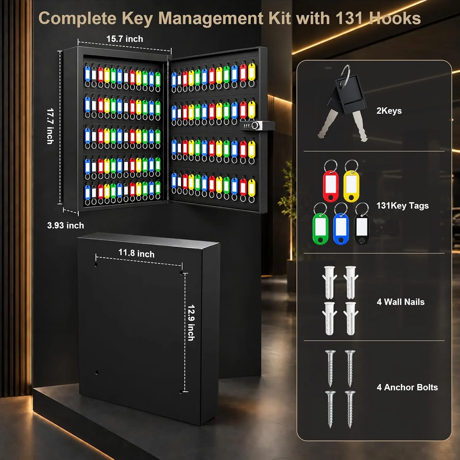 Key Cabinet Lock Box with 131-Keys: Steel Wall Mount Key Box Organizer - Large Storage and Secure Combination Lock Boxes for Home Office Business - Black