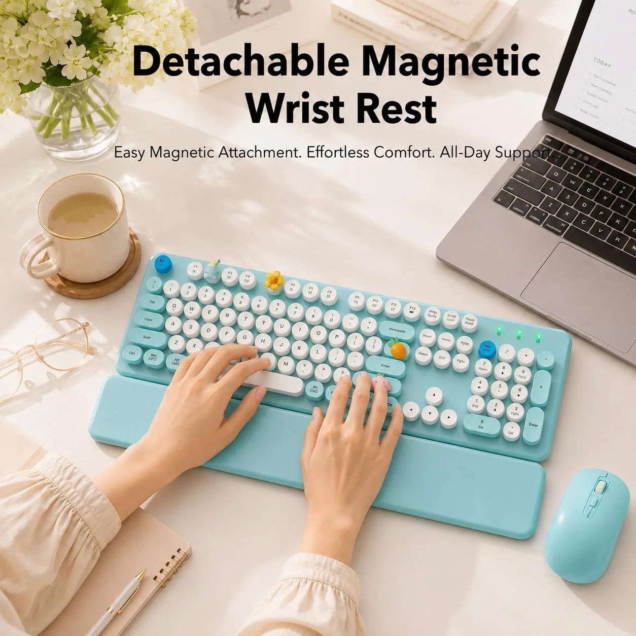 Wireless Keyboard and Mouse Combo, Pale Turquoise, Magnetic Wrist Rest