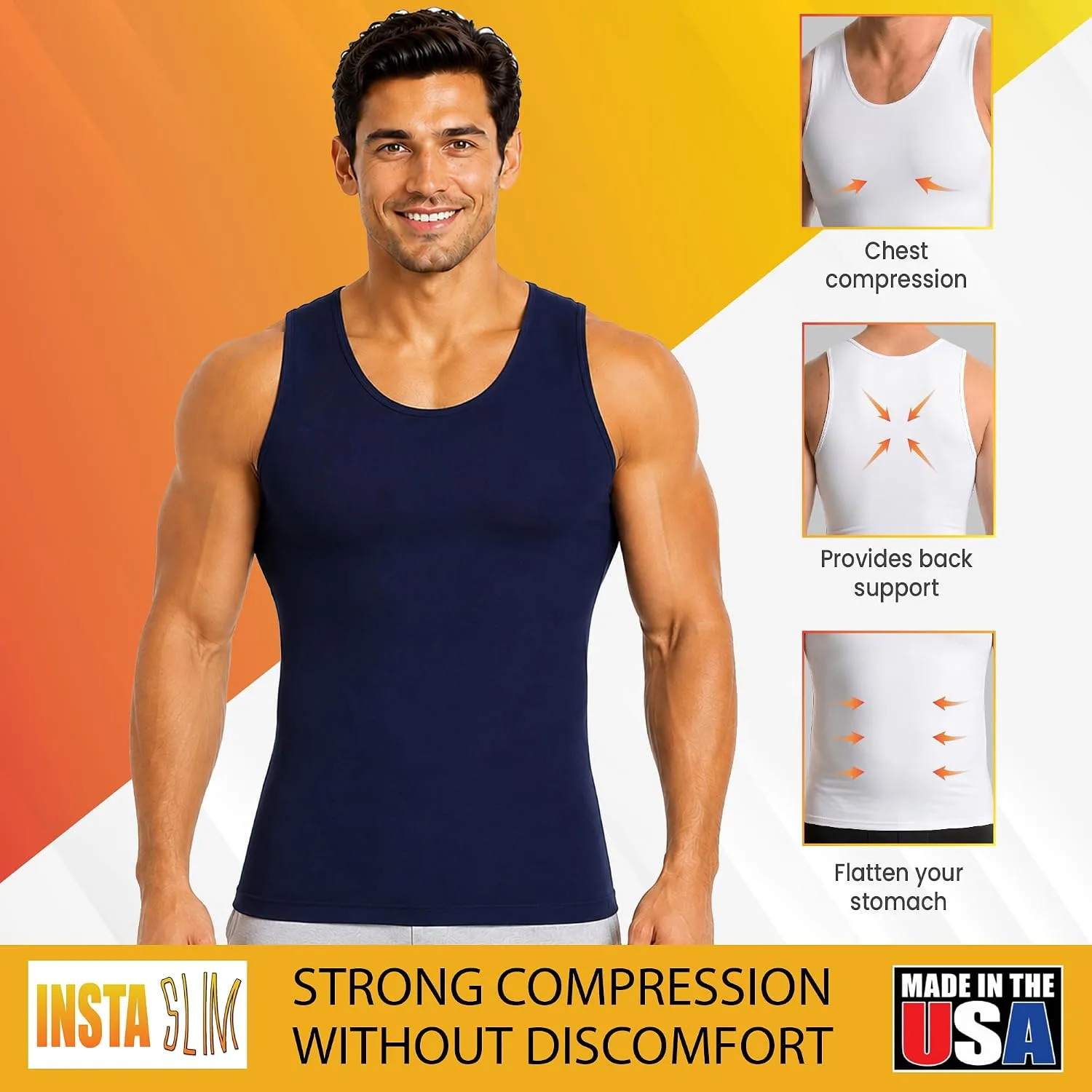 Insta Slim - Made in USA 3 Pack Compression Muscle Tank Body Shapers for Men. Back Support, Slimming Shapewear Undershirt