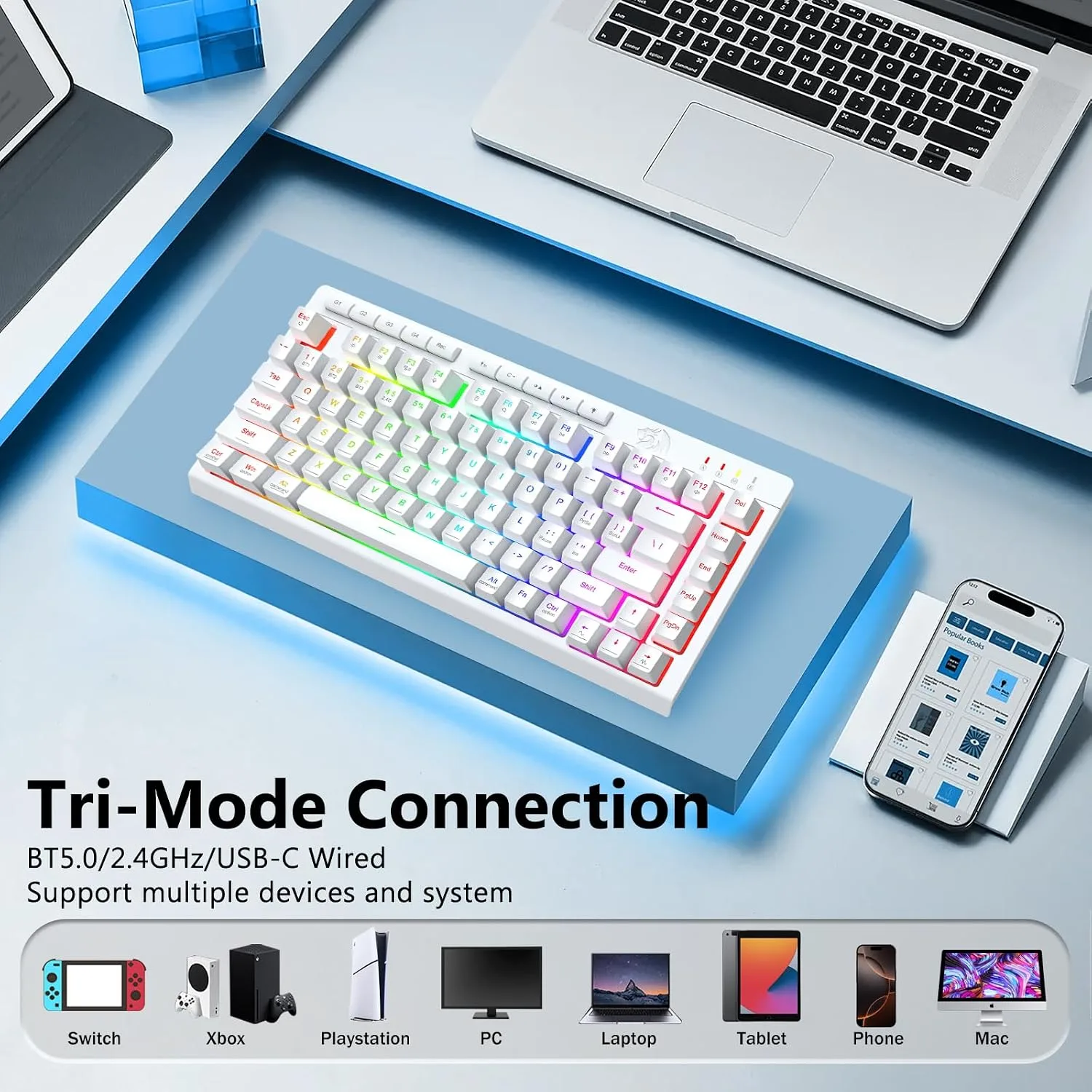 Redragon Wireless Gaming Keyboard, Portable 75% Compact,RGB Backlit, White