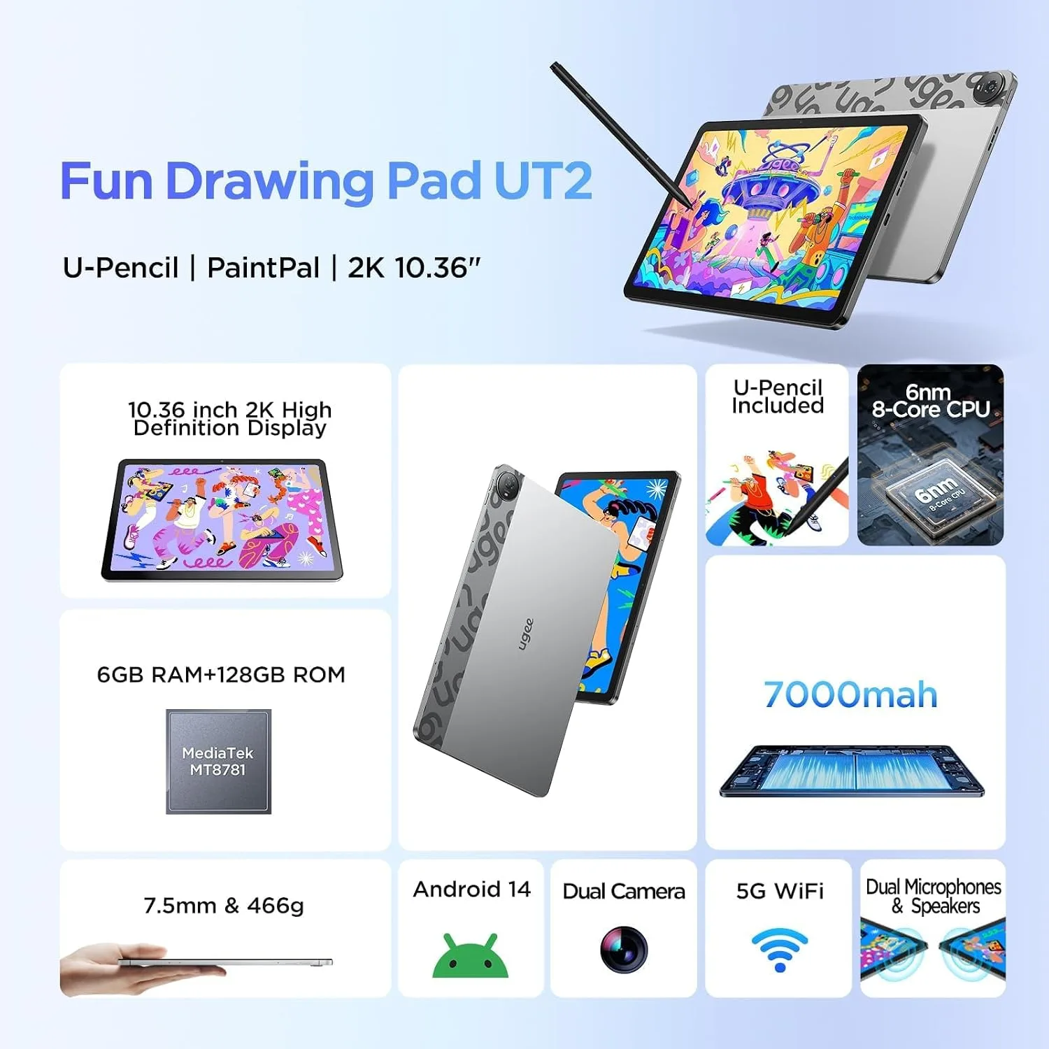 UGEE Drawing Tablet, Standalone Fun Drawing Pad with 10.36" 2K Ultra HD Full-Laminated Display, Android 14 6GB+128GB, 7000mAh+18W Battery,No Computer Needed Ideal for Digital Painting, Reading, Gaming