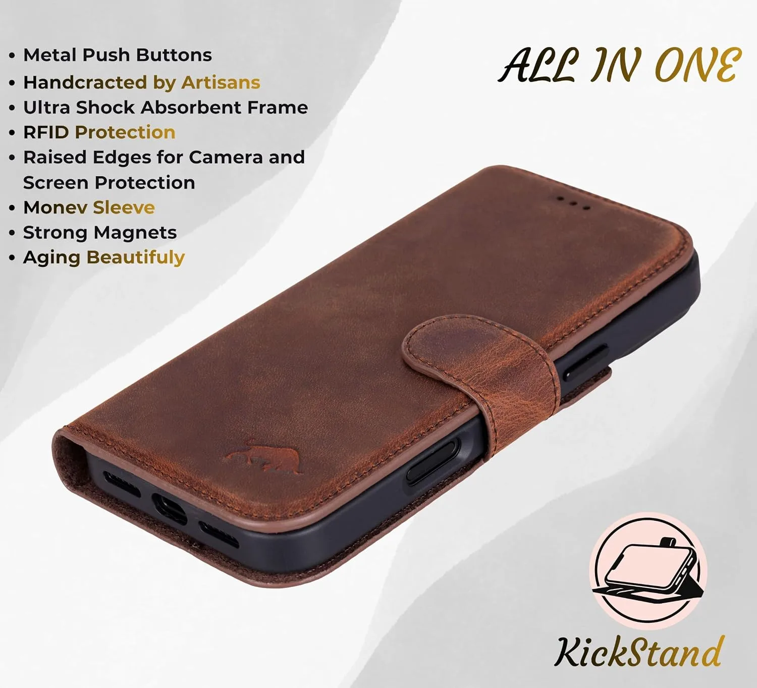 VENOULT Full Grain Genuine Leather Wallet Case for iPhone 18/17 Pro MAX