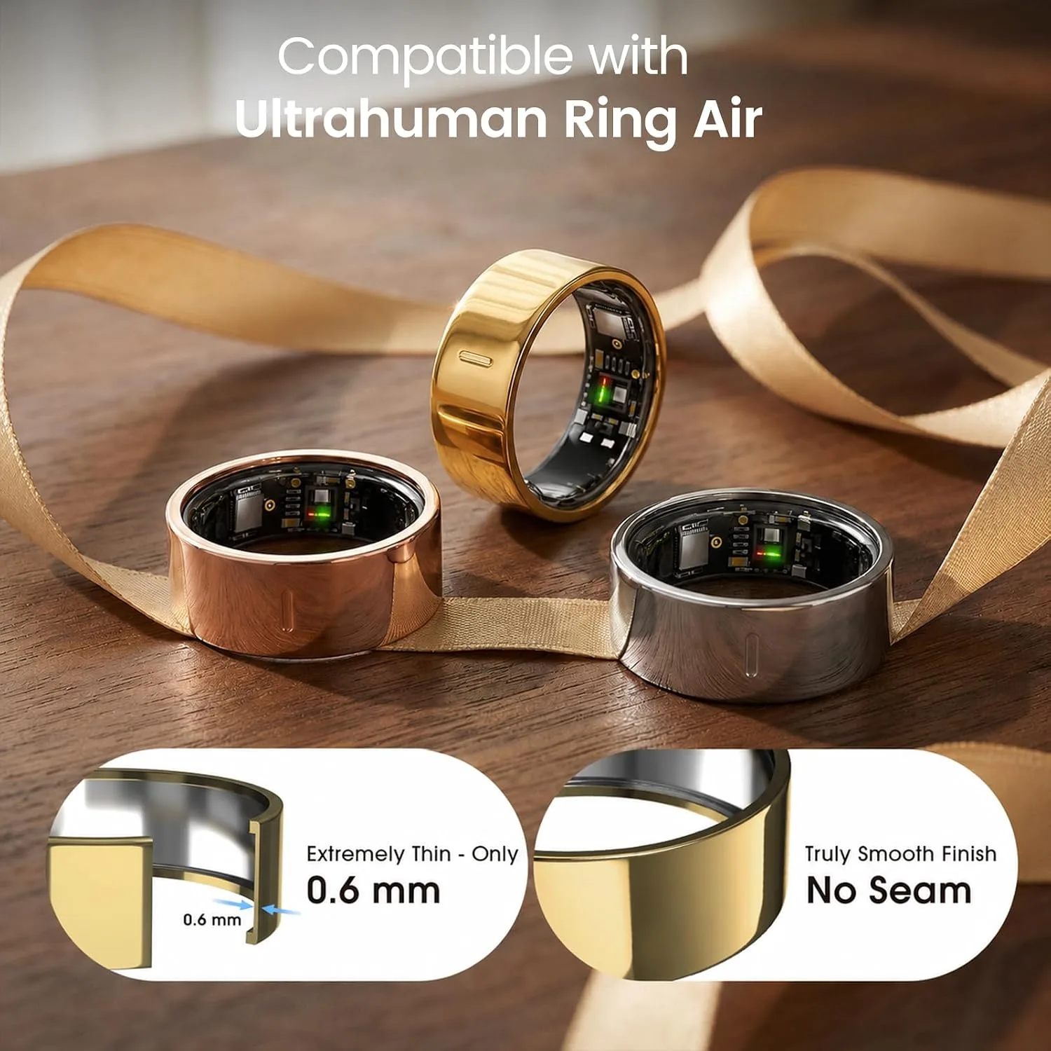 3 Pack Ring Cover Compatible with Ultrahuman Ring Air, Ultra-Thin Anti-Scratch TPU Ring Protector, Charge Without Removing, Bronze Gold+Champagne Gold+Gold, Size 8