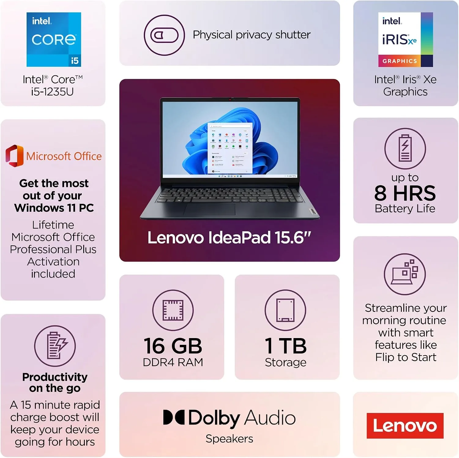 Lenovo IdeaPad Laptop 2025 Business Computer, 15.6" FHD Touchscreen, 16GB RAM, 1TB Storage (512GB SSD +500GB Ext), 10-Core Intel Core i5, Long Battery, HubxcelAccessory Win 11 Pro Lifetime Office 2024