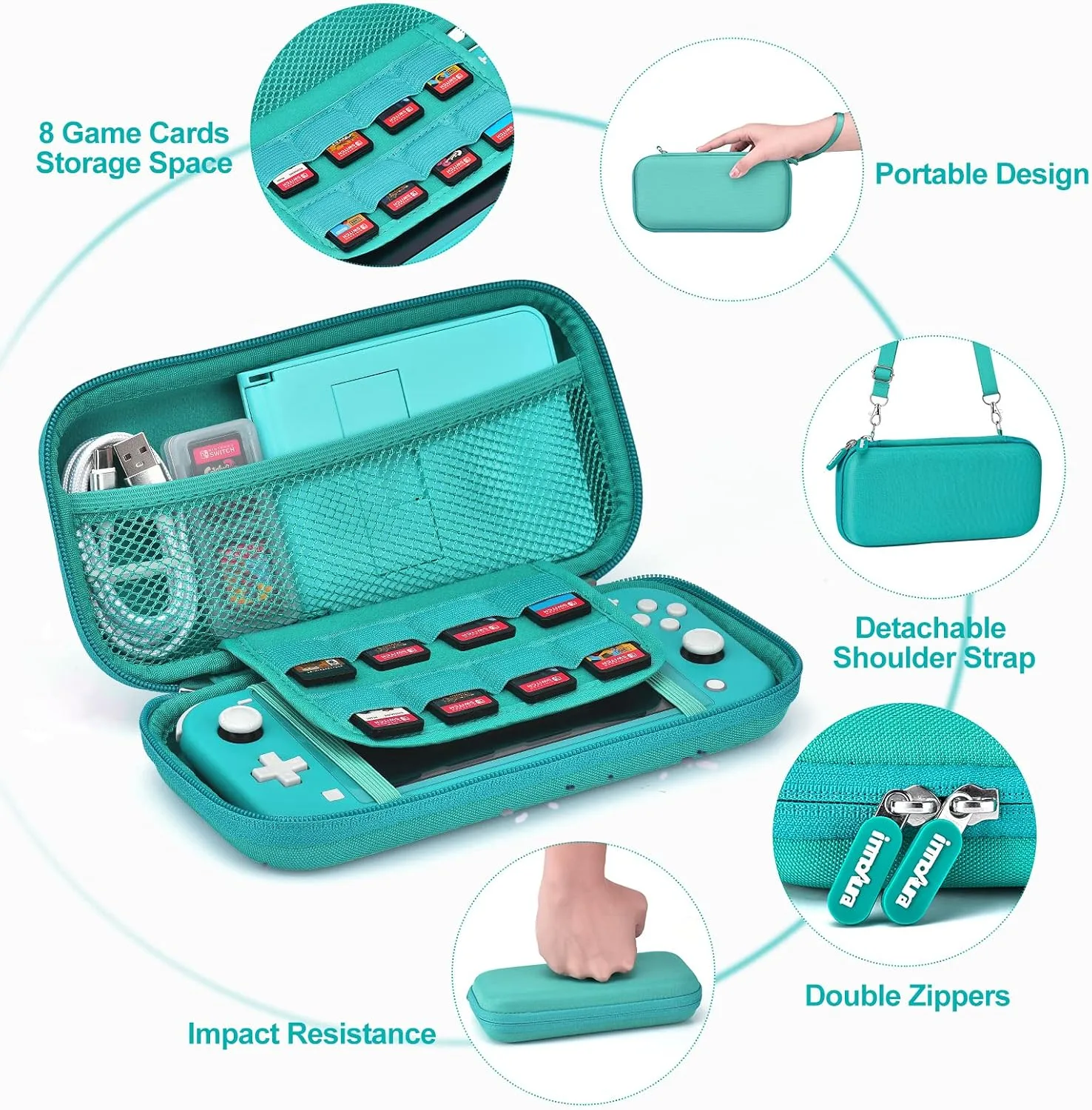 innoAura Switch Lite Case 18-in-1 Accessories Bundle for NS Switch Lite (2019), with Protective Carrying Case, Game Holder, Screen Protector & Cute Thumb Grips, Turquoise