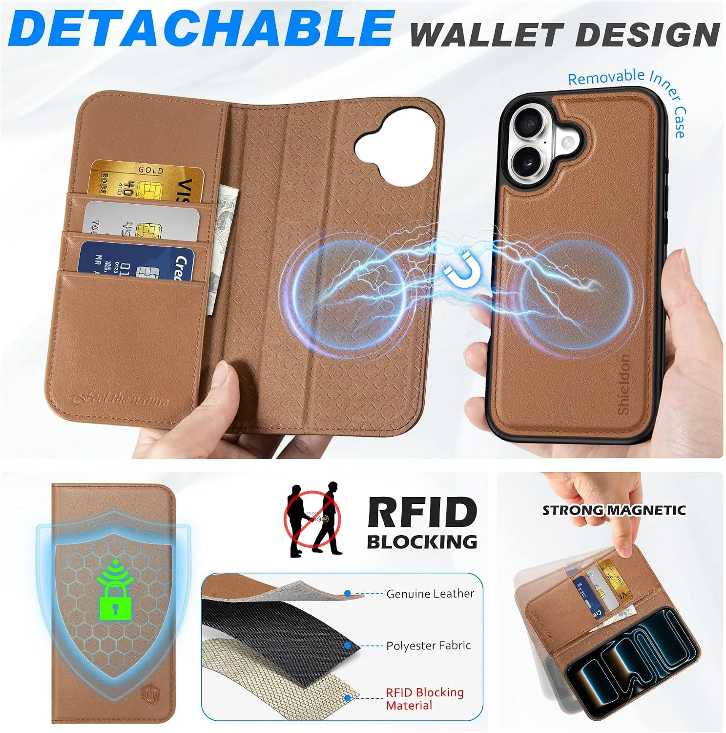 SHIELDON 2 in 1 Real Leather Case Wallet for iPhone 17 6.3", Saddle Brown