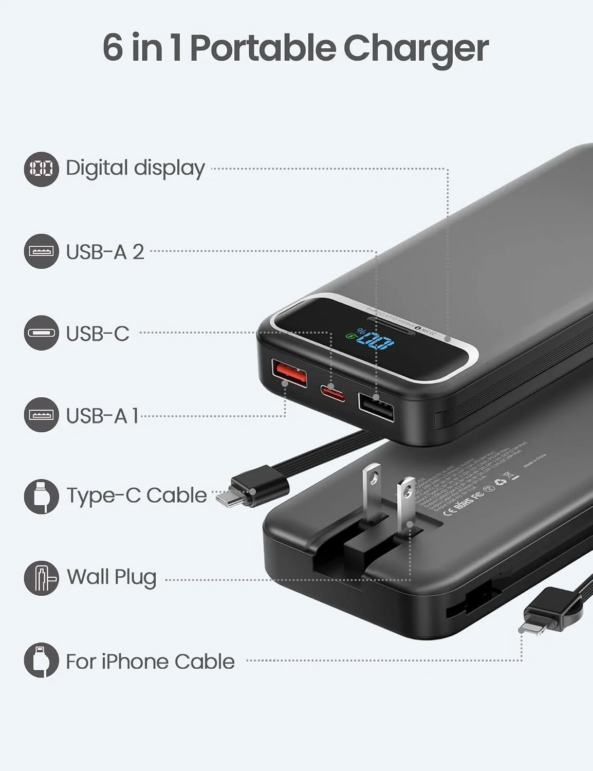 aonidi Portable Charger 12000mAh with Built-in Cables&AC Wall Plug, Black