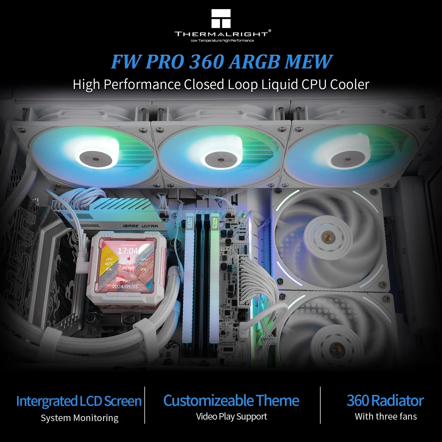 Thermalright FW PRO 360 ARGB MEW CPU AIO Cooler,IPS LCD Screen with 320 * 320 Resolution,for AM5&Intel 1700/1851,High-Performance 360 Specs Water-Cooled with 2.73in Removable Display