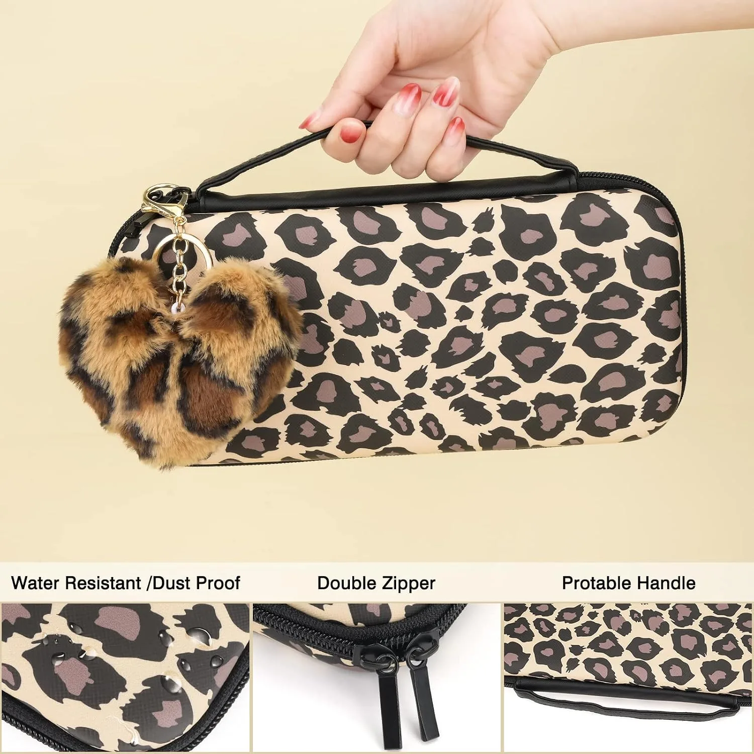 DLseego Brown Love Leopard Carrying Case for Switch, Cute Silicone Protective Soft Cover with 4PCS Thumb Grip Caps and Brown Plush Heart Pendant Hard Storage Case Accessories Kit Bundle for Girls